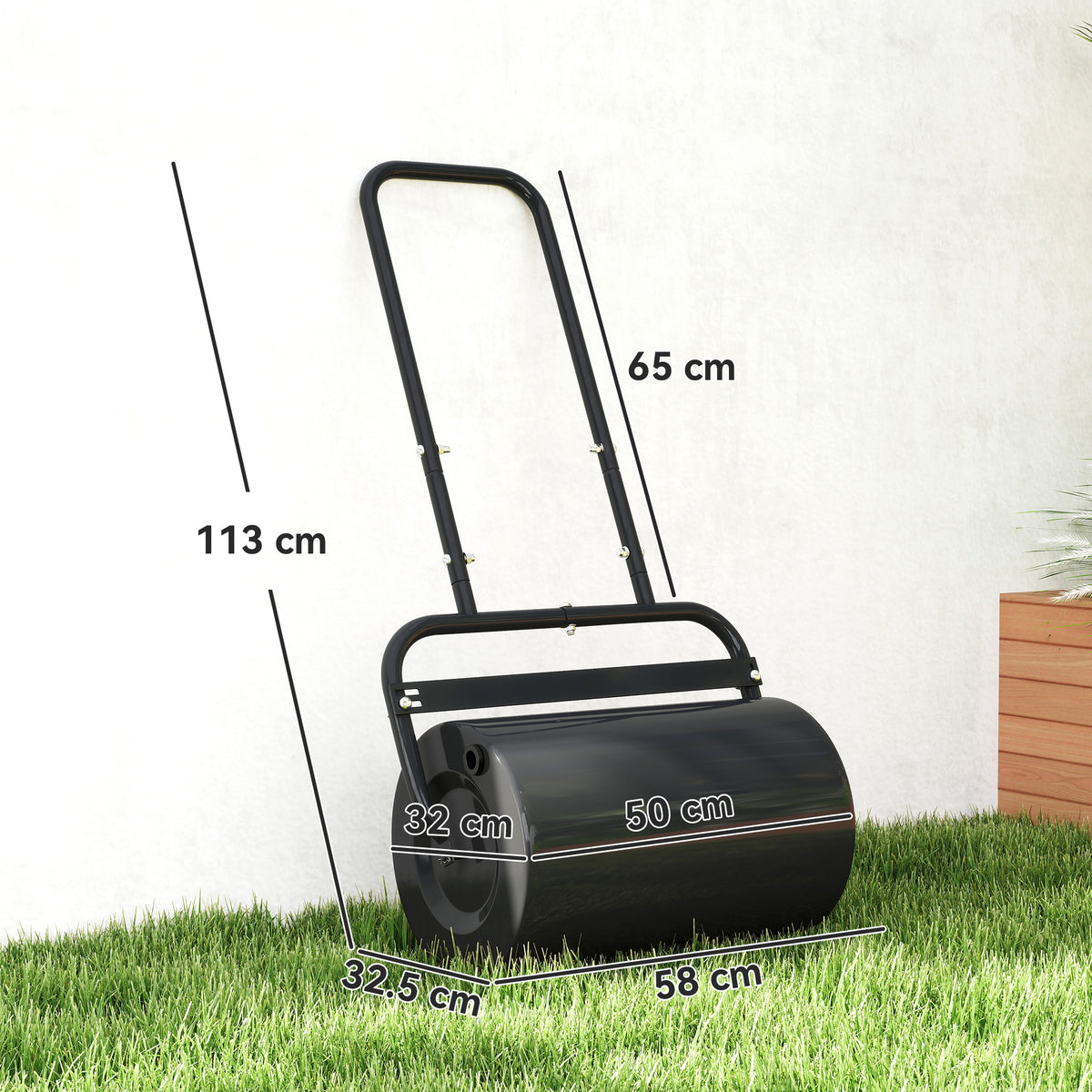 Black lawn roller with dimensions shown for its drum and handle