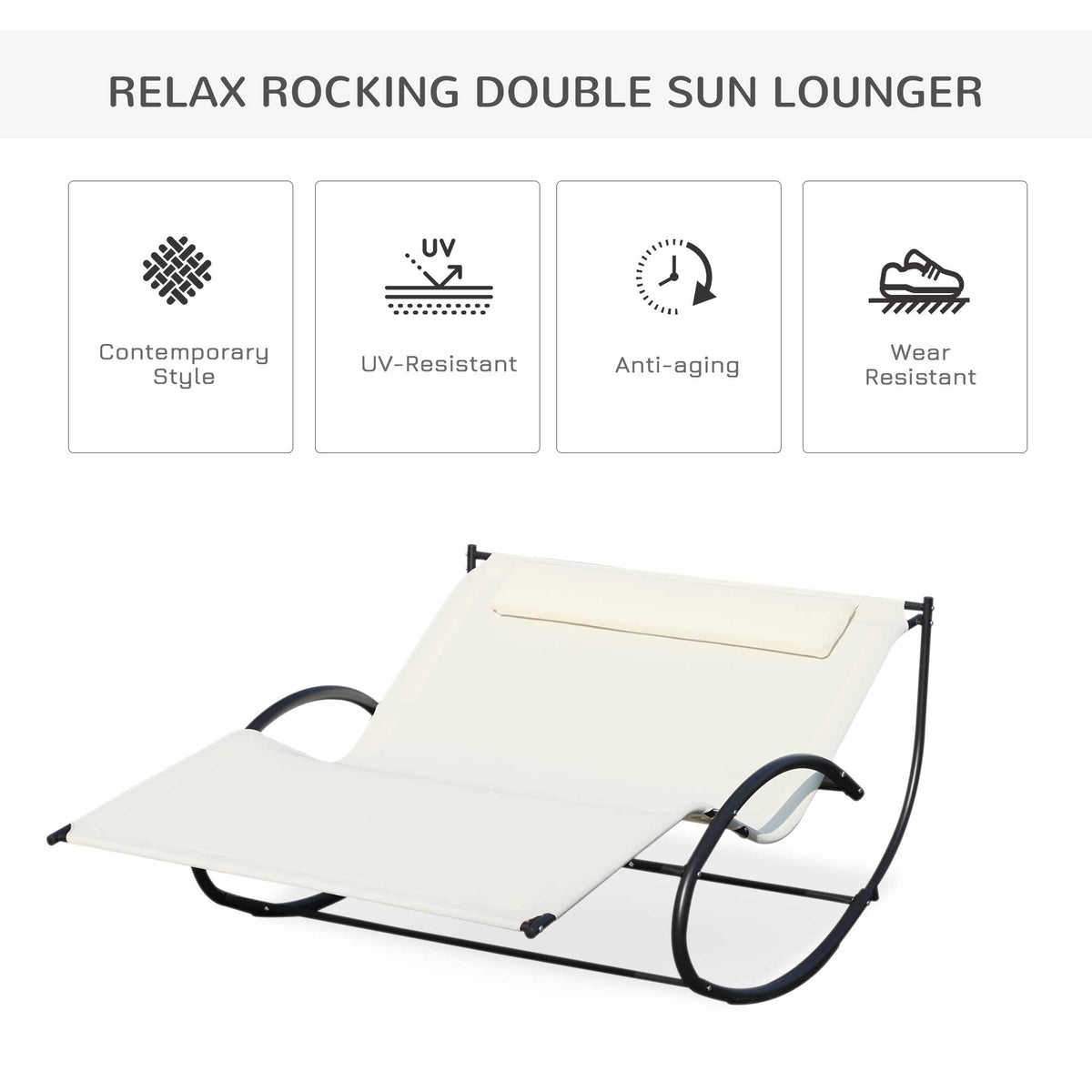 Outsunny double rocking sun lounger with cream fabric and black frame, shown with UV and wear resistance icons