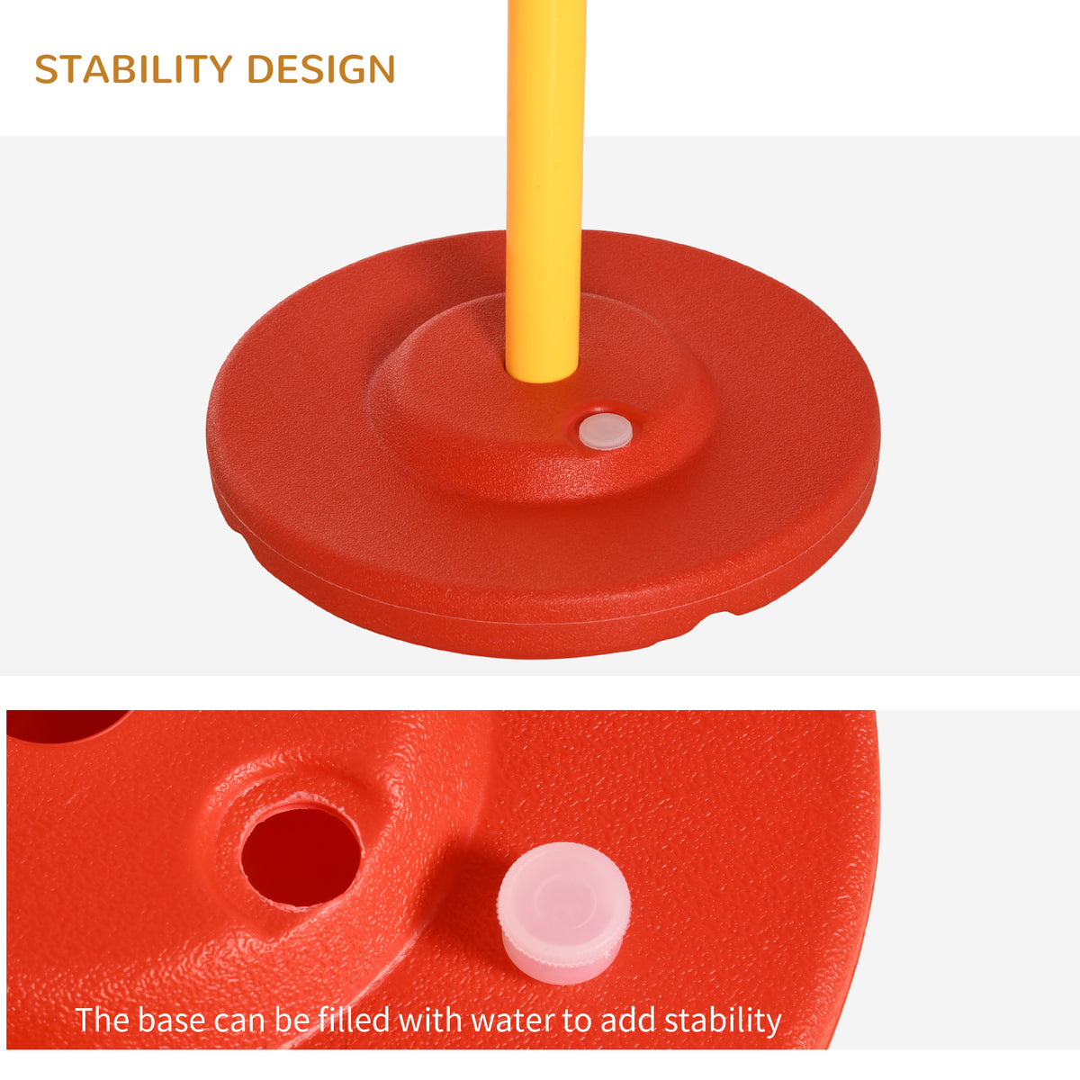 Dog agility pole with a red, fillable base for added stability