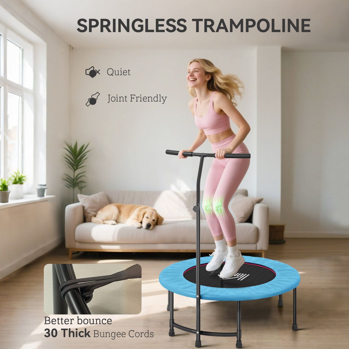 Springless blue fitness trampoline with adjustable handlebar and bungee cord suspension
