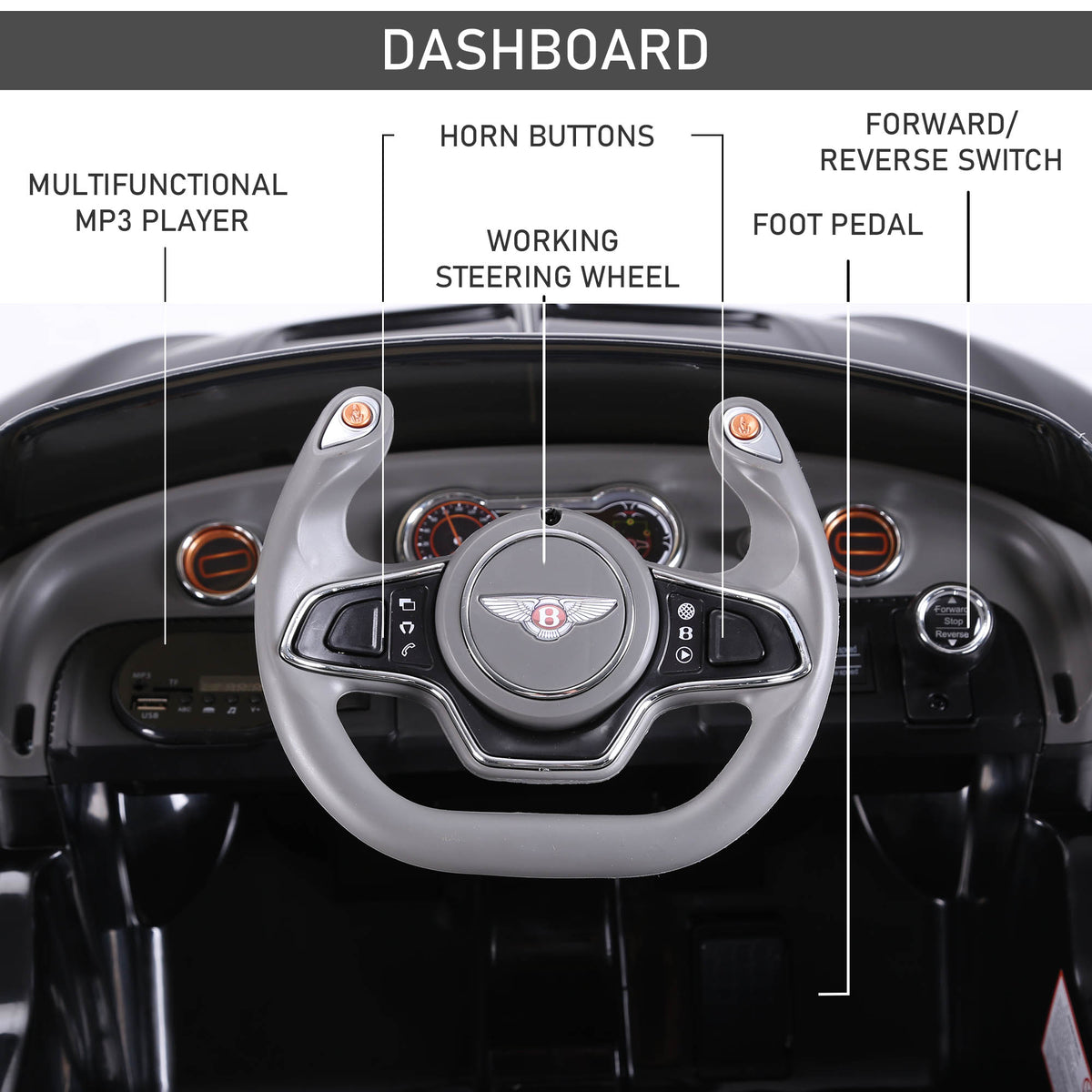 HOMCOM Bentley GT ride-on car dashboard with steering wheel, horn buttons and MP3 player