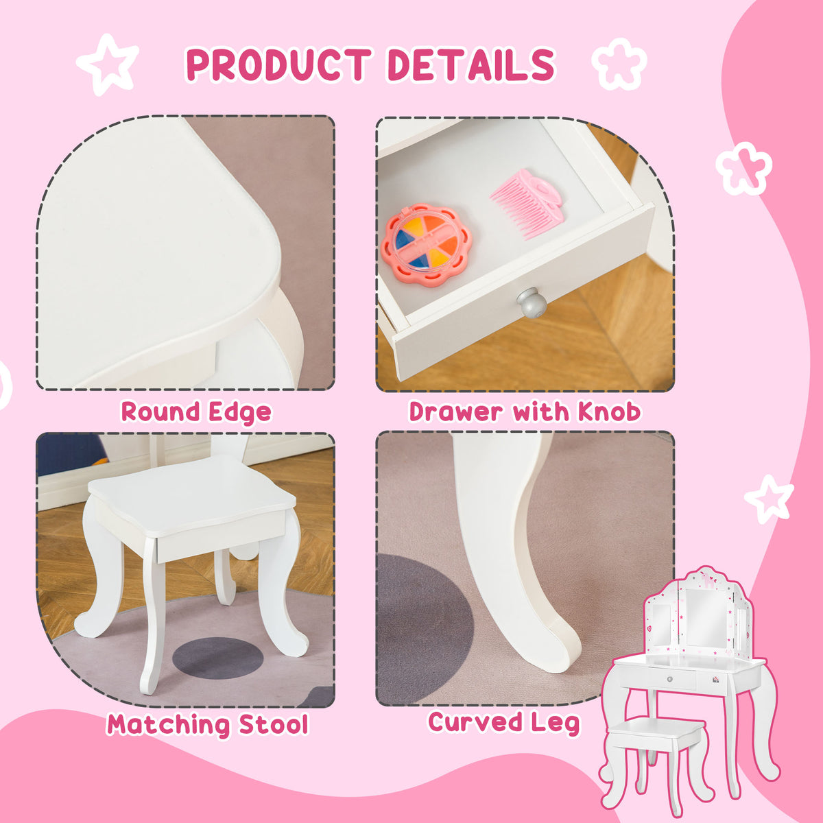 White vanity set details: rounded tabletop edge, drawer, matching stool, and curved legs