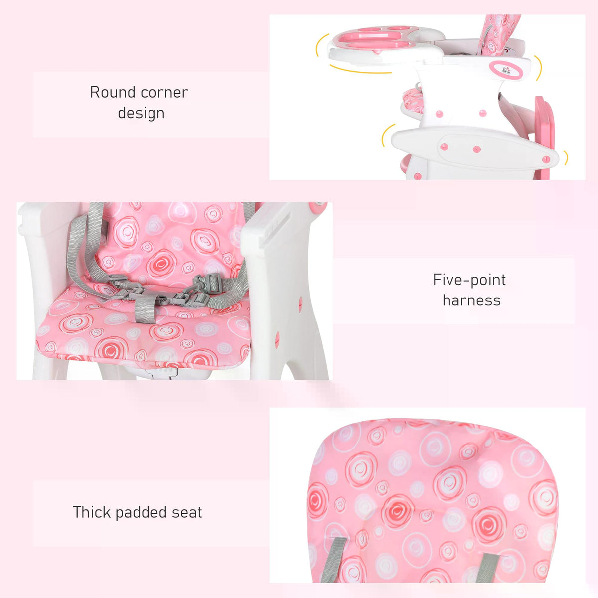 Baby high chair details showing rounded edges, five-point harness and padded patterned seat