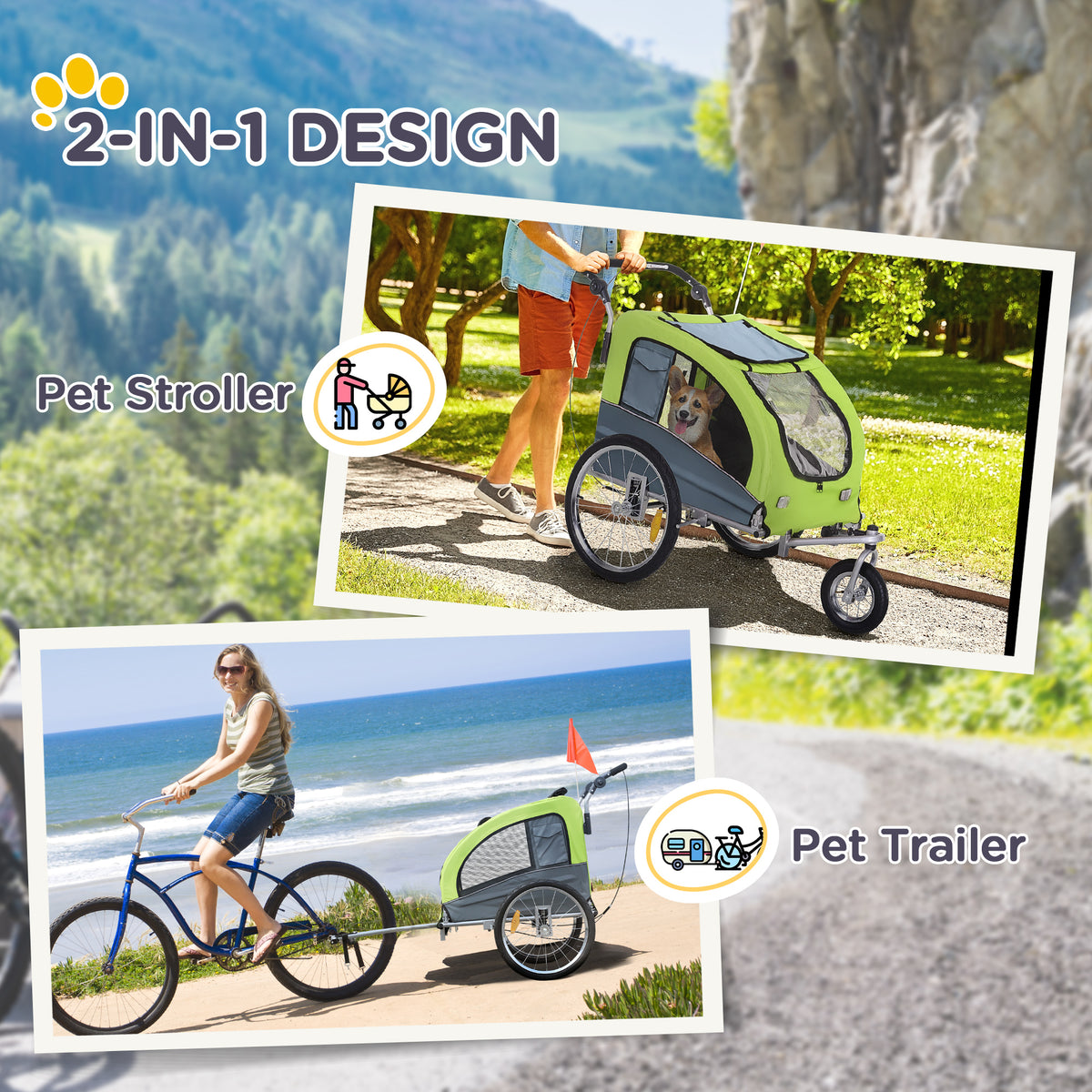 Green dog trailer shown in stroller mode and attached to a bicycle
