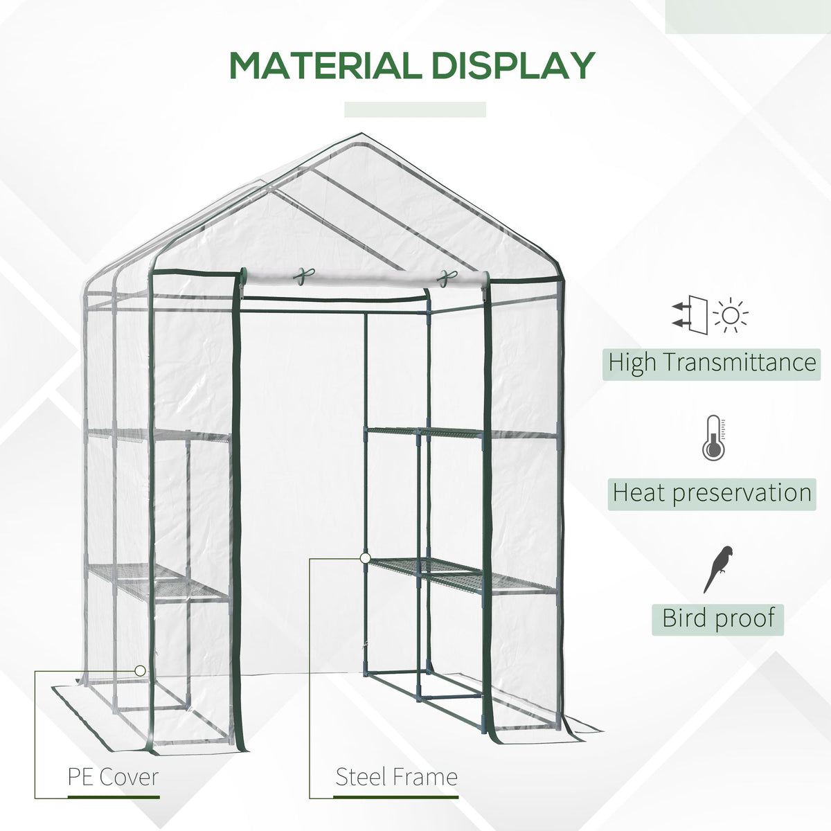 Walk-in greenhouse with clear PE cover and steel frame
