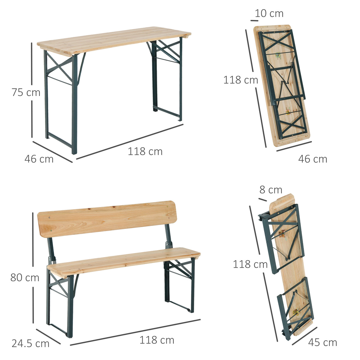 Folding fir wood table and two benches with dark metal frames, shown open and folded with dimensions