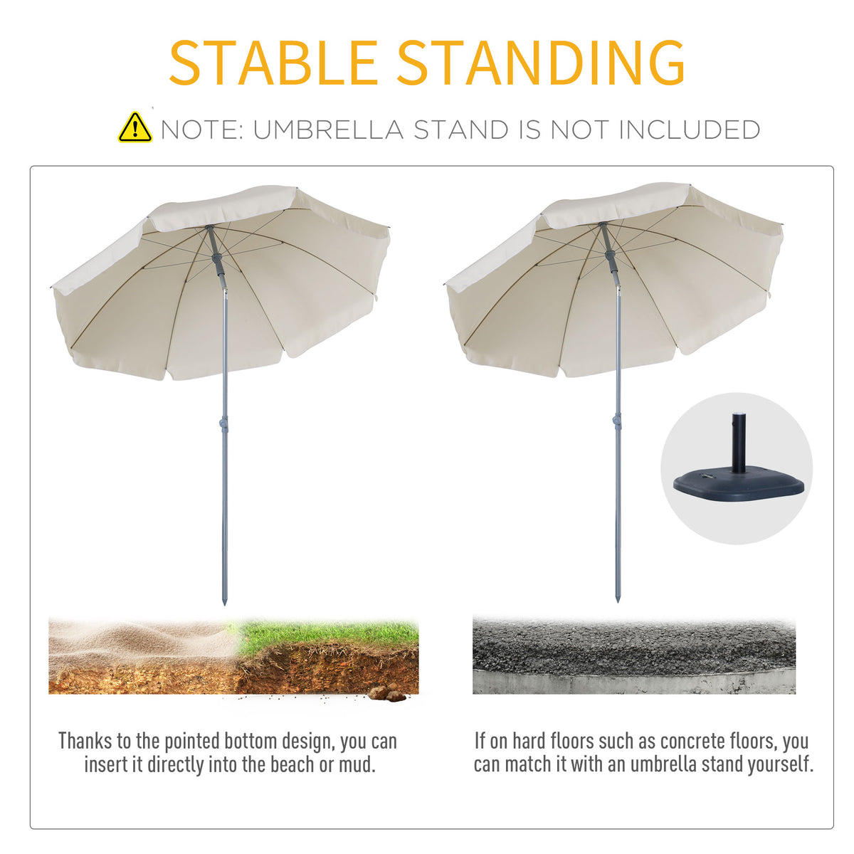 Cream beach umbrella with pointed pole for sand or mud; stand sold separately