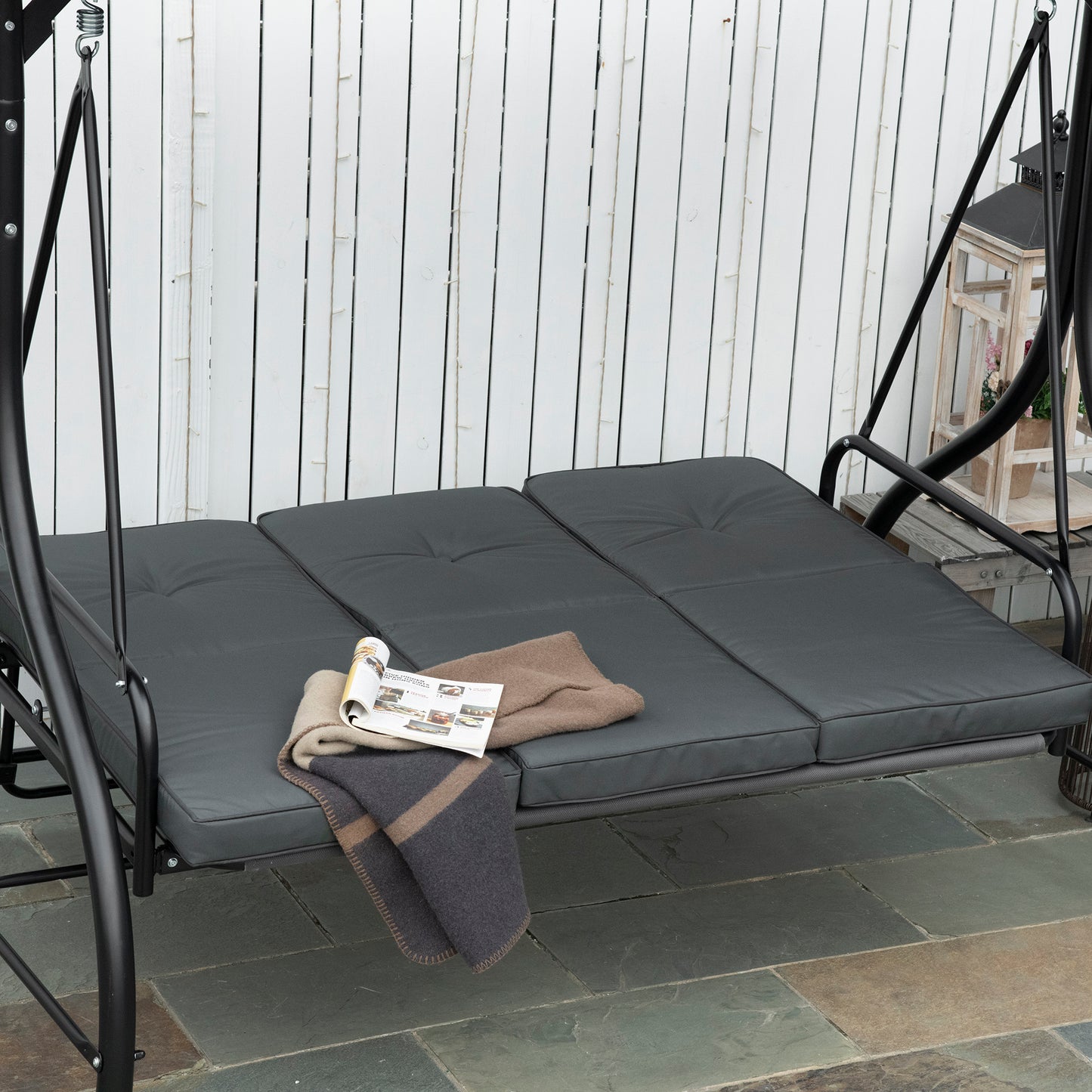 Outsunny 3 Seater Garden Swing Chair, 2 in 1 Convertible Patio Swing Seat Bed with Adjustable Canopy, Cushions and Metal Frame, Outdoor Hammock Bench Chair for Balcony, Terrace, Dark Grey