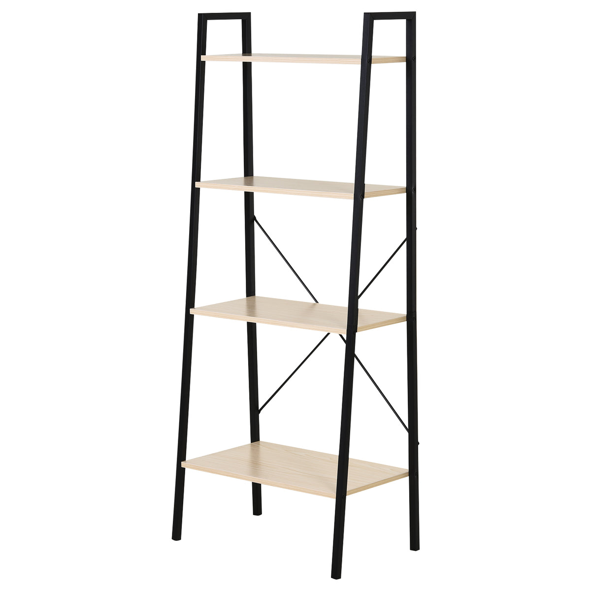 HOMCOM ladder shelf viewed from an angle, with four oak-tone shelves and black frame