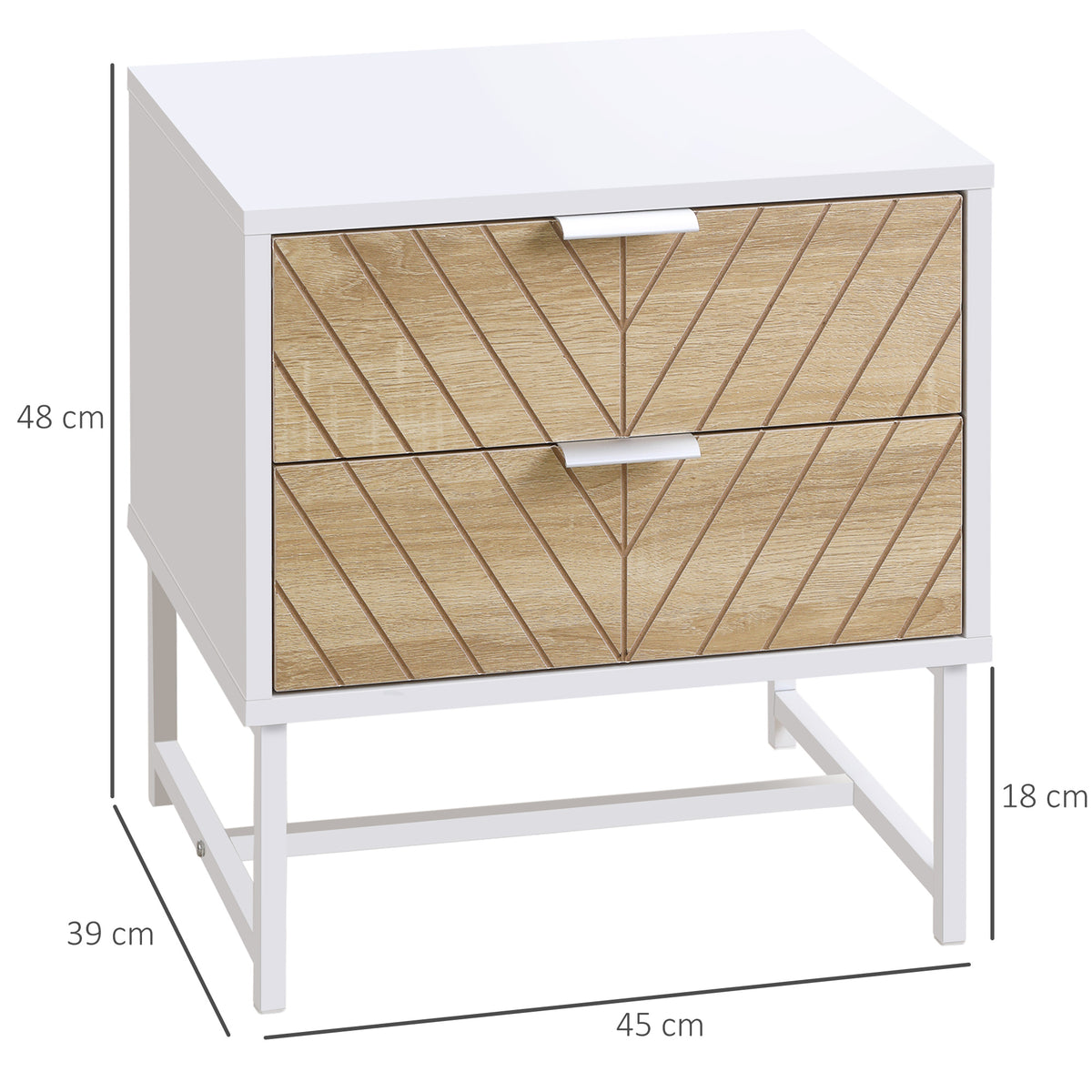 HOMCOM two-drawer bedside table with dimensions marked