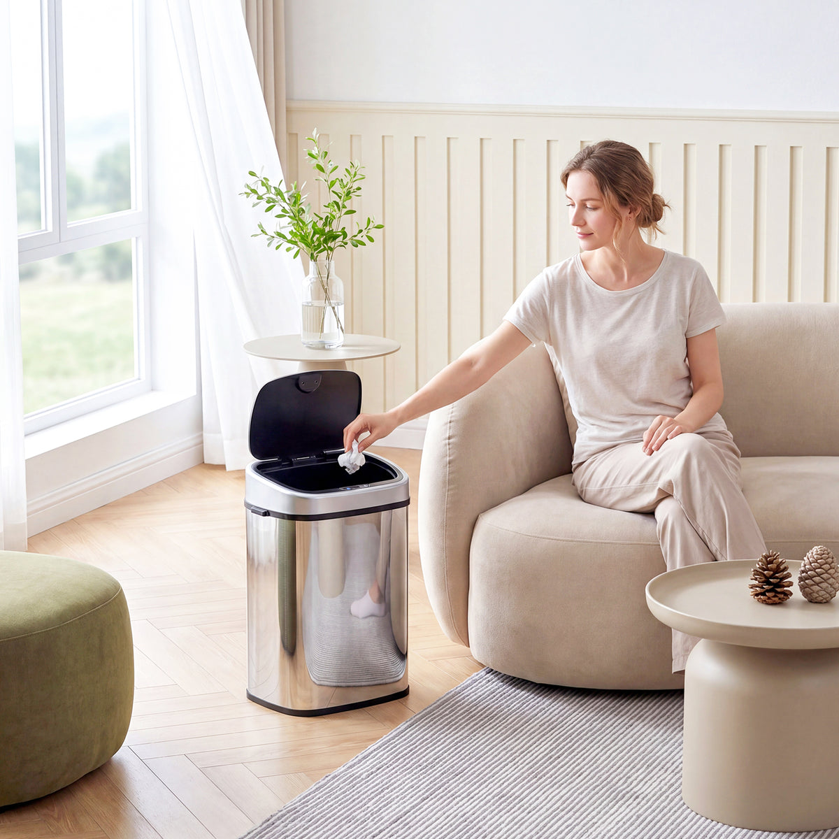HOMCOM 48L Motion Sensor Bin, Automatic Touchless Rubbish Bin with Fingerprint Resistant Stainless Steel for Kitchen, Hygienic Gyms, Home Office Use, Silver Tone