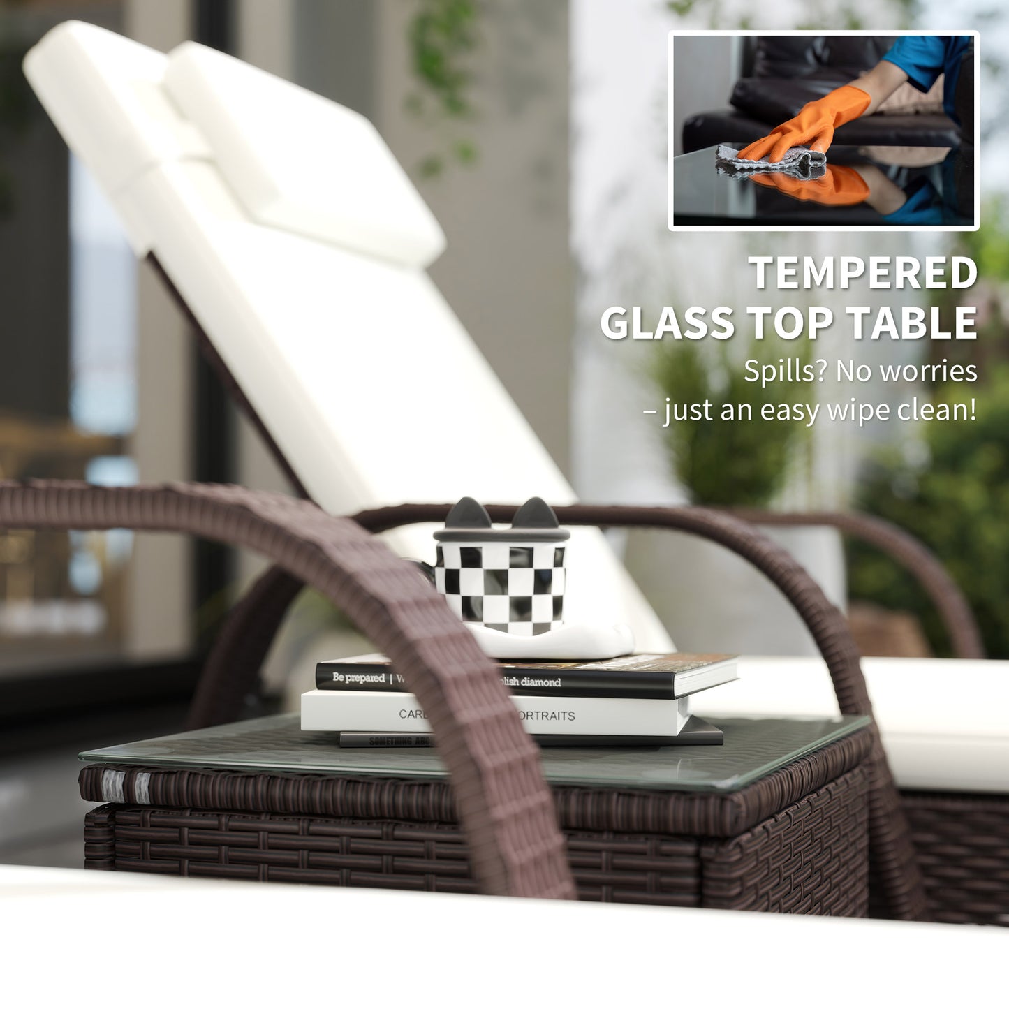 Outsunny Rattan Sun Loungers Set of 2 with Side Table, 3-Piece Garden Furniture Set, Adjustable Recliner Sunlounger Sunbed with Cushions & Headrest, Wheels, Outdoor Patio Daybed, Brown