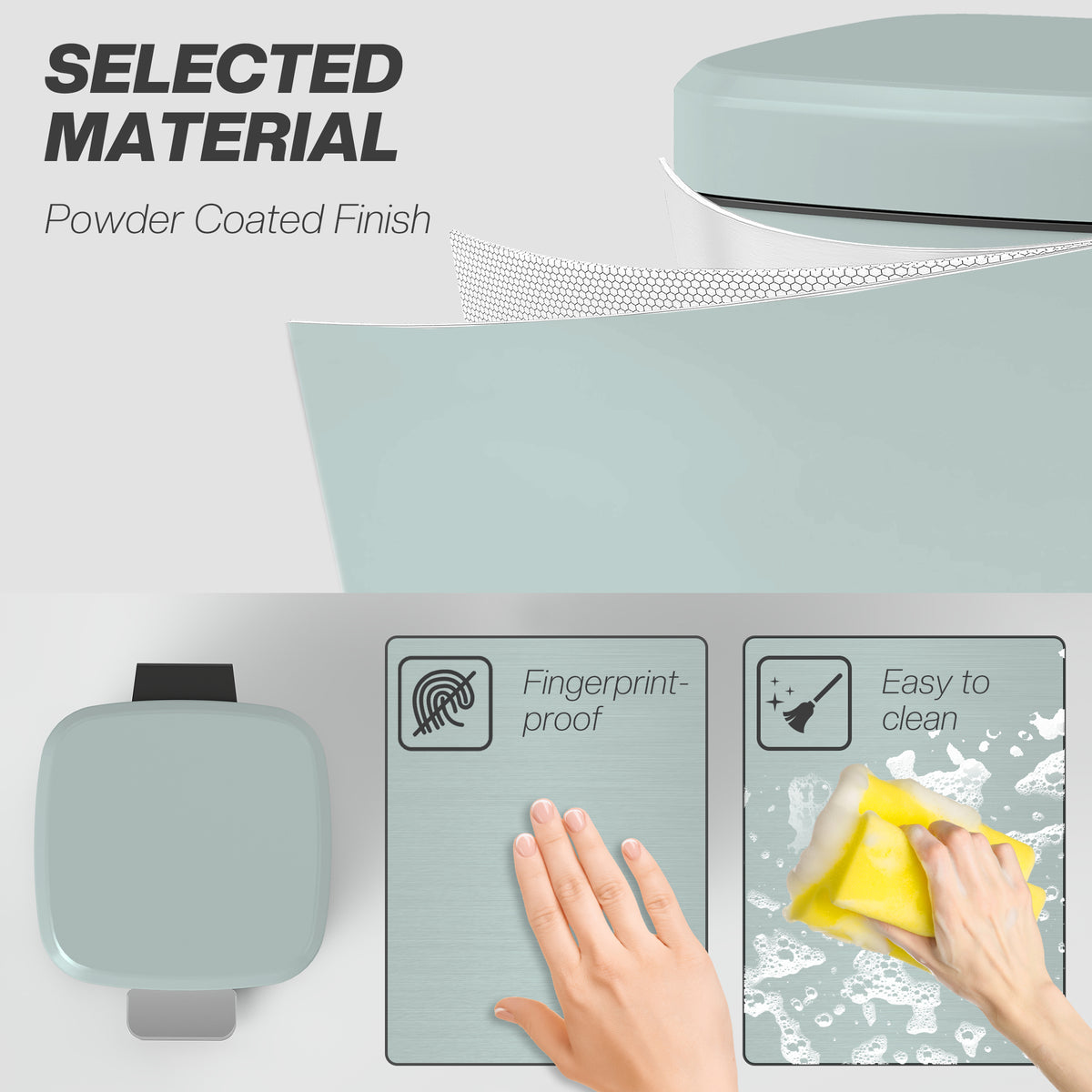 Light green powder-coated metal bin with a fingerprint-resistant finish.