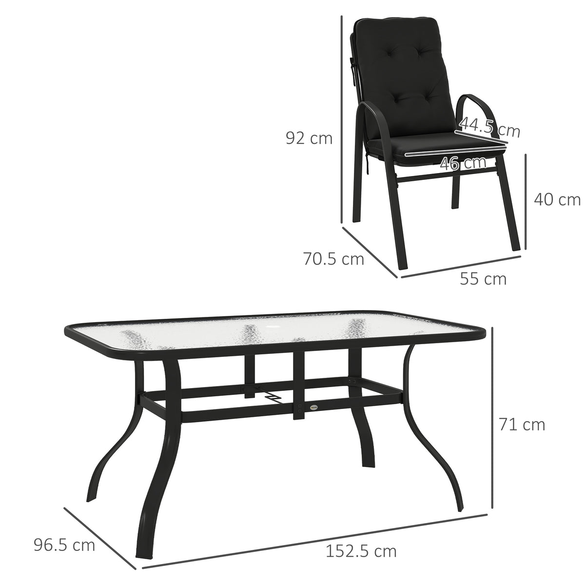 Dining set table and padded armchair shown with dimensions