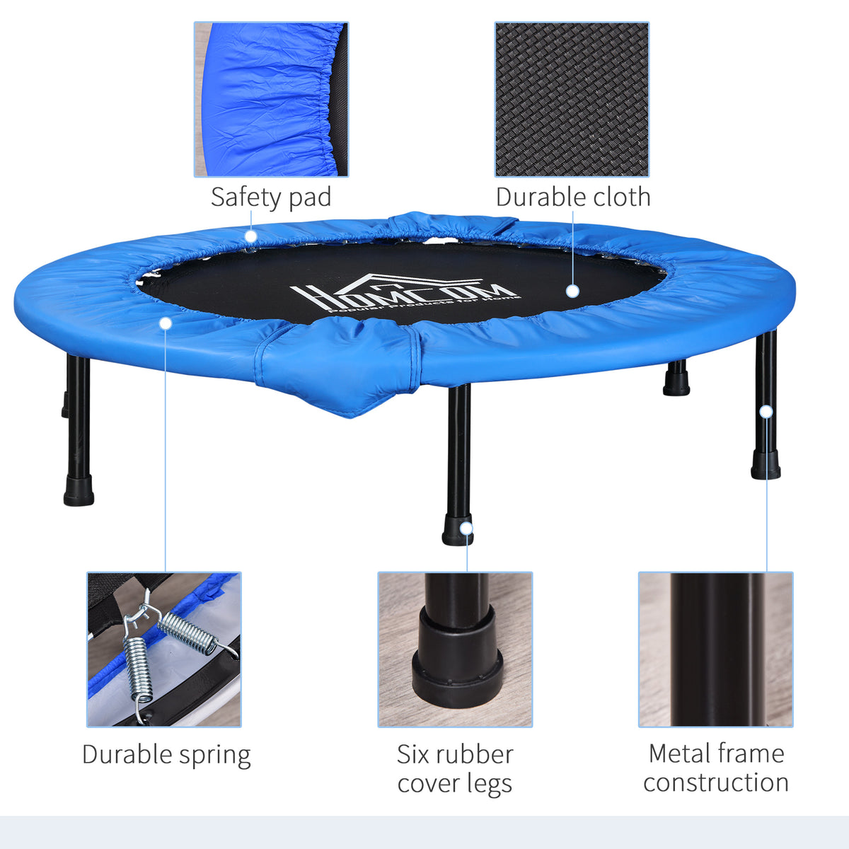 HOMCOM rebounder with blue safety pad, durable fabric, metal frame, springs, and rubber leg caps