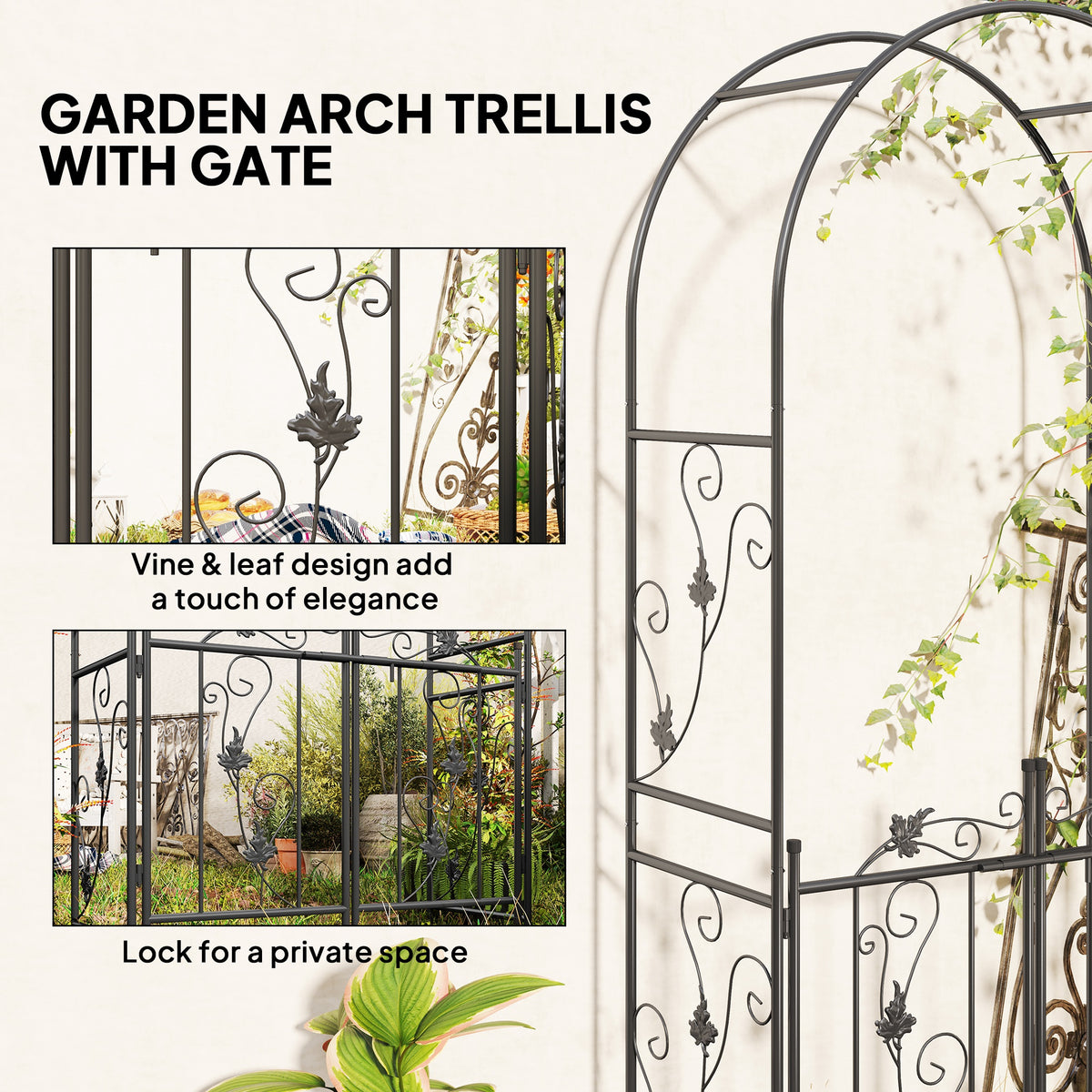 Outsunny steel garden arch trellis with decorative leaf scrollwork and locking gate