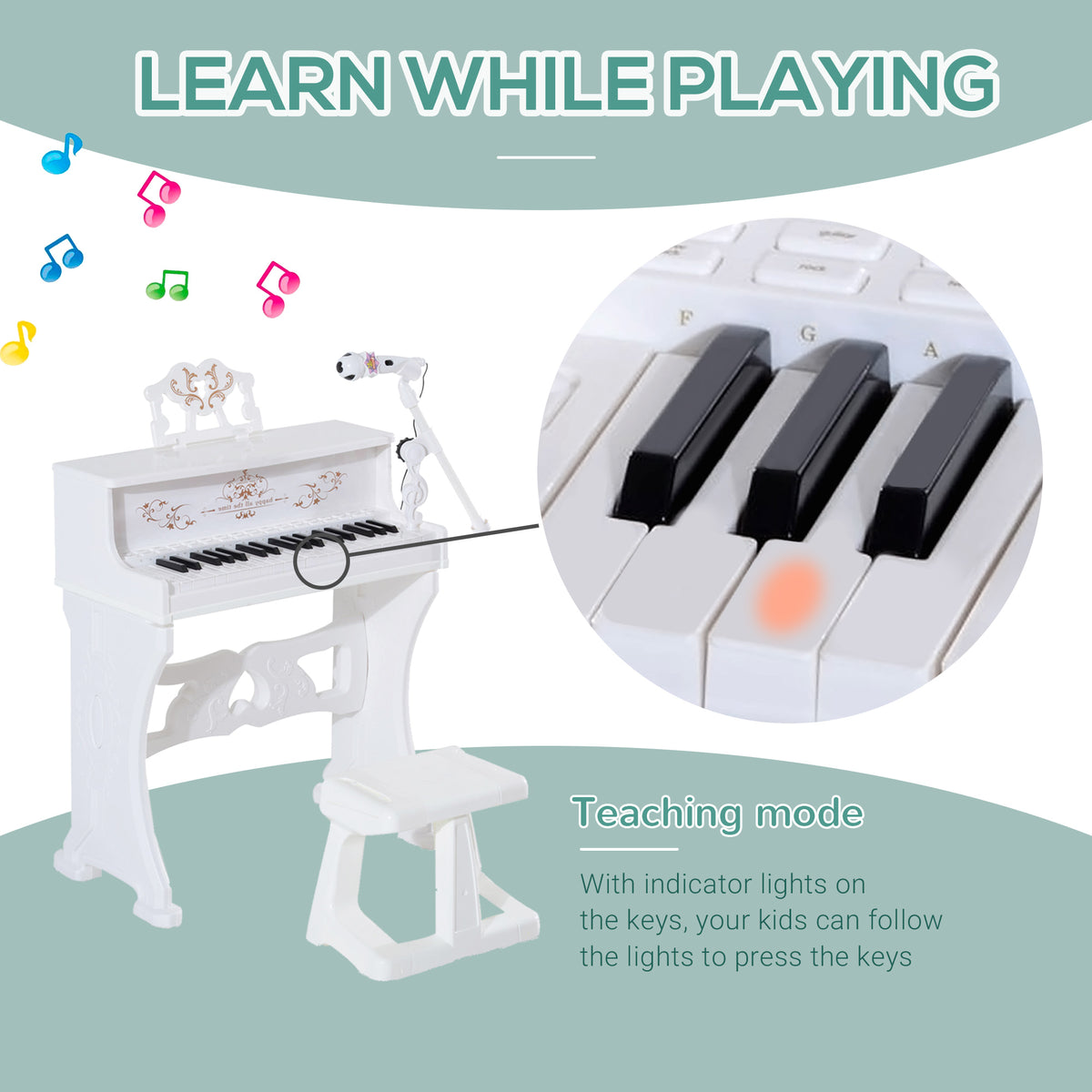 White toy piano with light-up keys and teaching mode that guides children as they play.