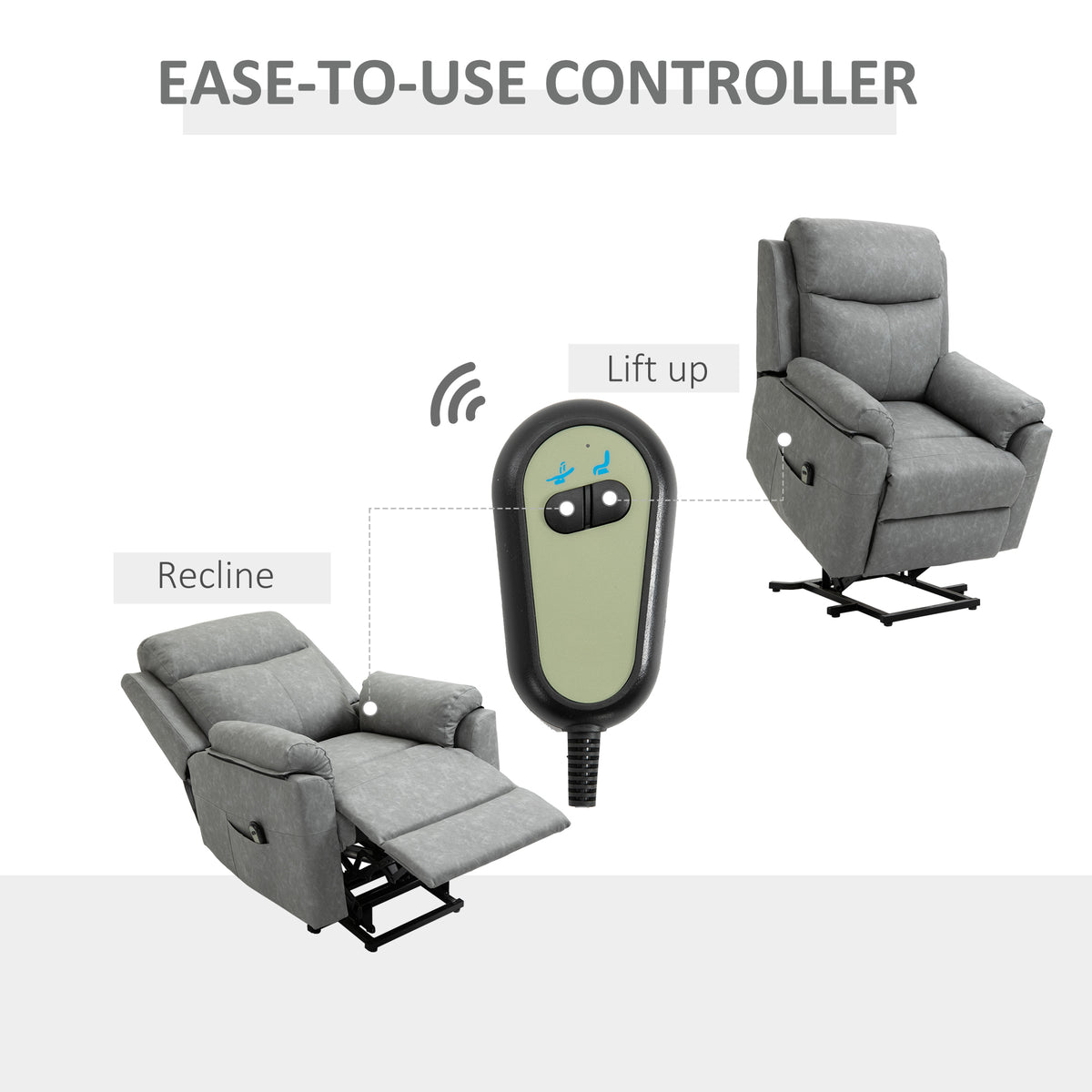 Grey electric riser recliner chair with handheld lift and recline controller