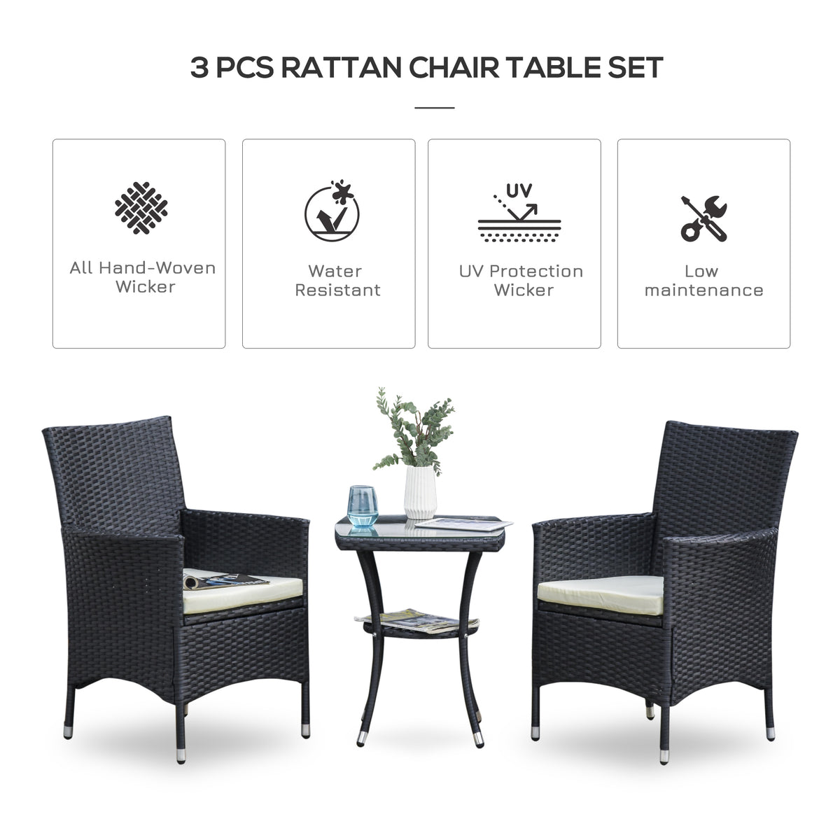 Outsunny black wicker patio set with two armchairs and a two-tier table