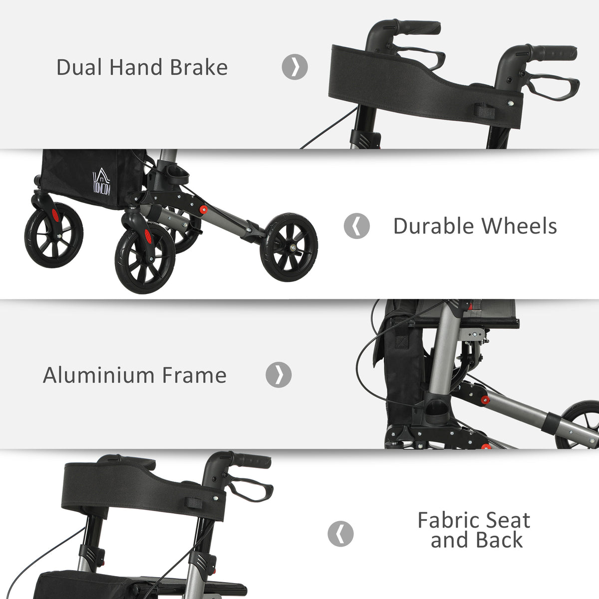 HOMCOM rollator walker details: hand brakes, durable wheels, aluminum frame and fabric seat