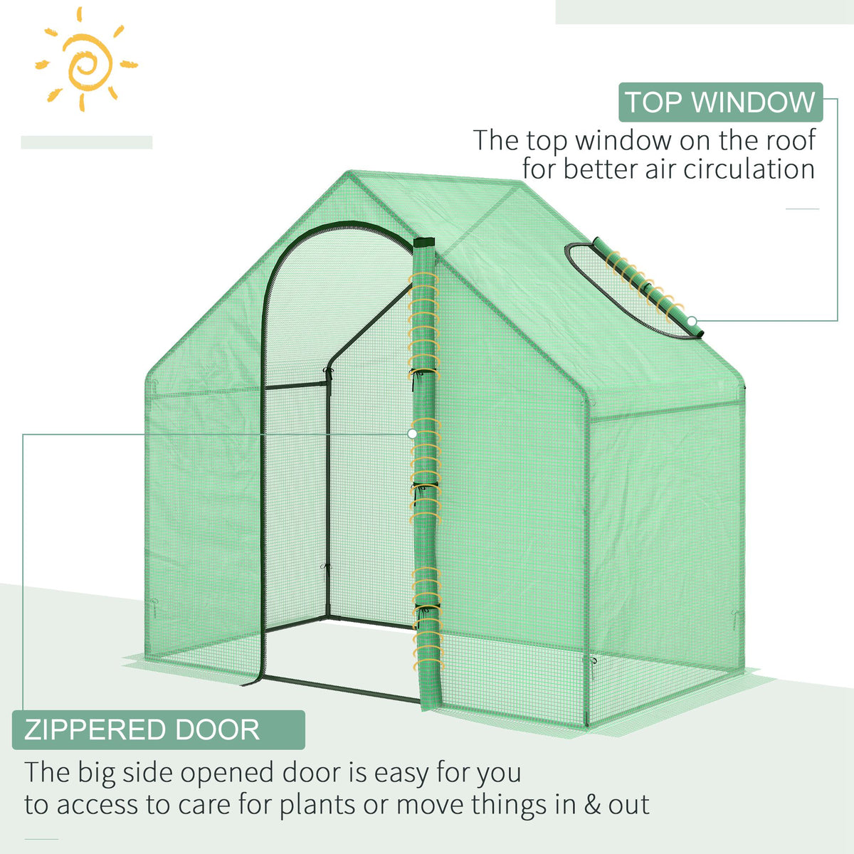 Green greenhouse with open zip door and roof window for ventilation