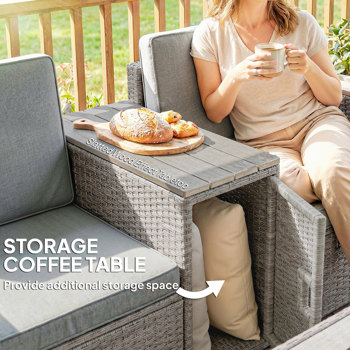 Outsunny 5 Piece Rattan Garden Furniture Set with Storage Table, Footstools, Cushions, Dark Grey