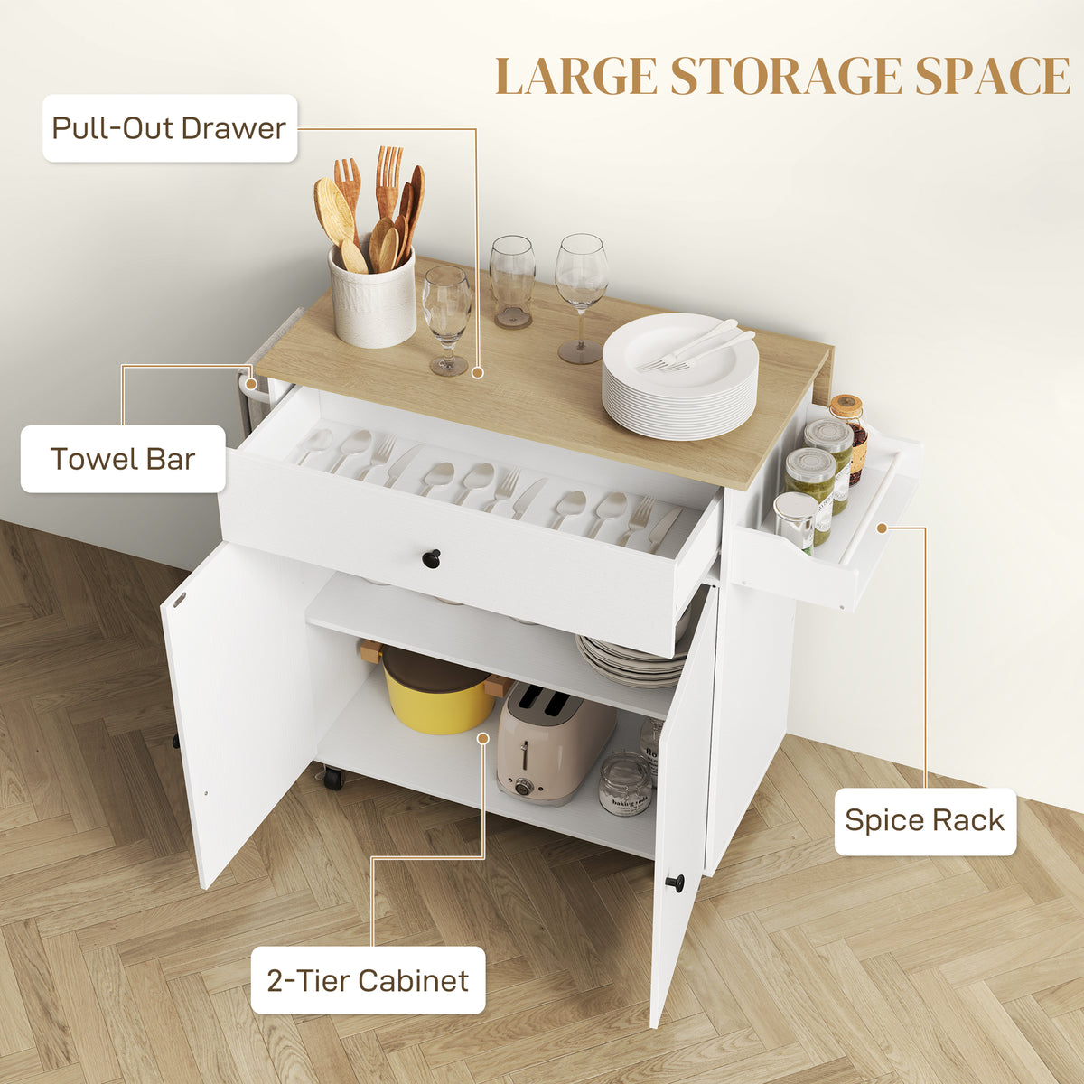 Kitchen island storage with pull-out drawer, two-tier cabinet, towel bar, and spice rack