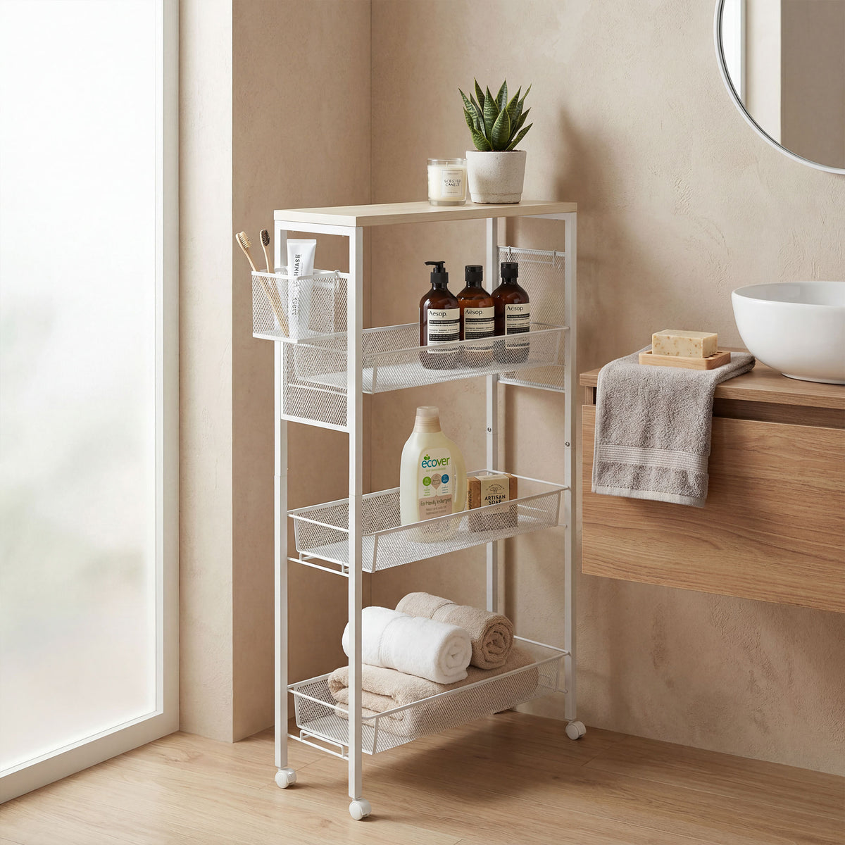 HOMCOM 3-Tier Kitchen Cart with 3 Steel Wire Baskets - White