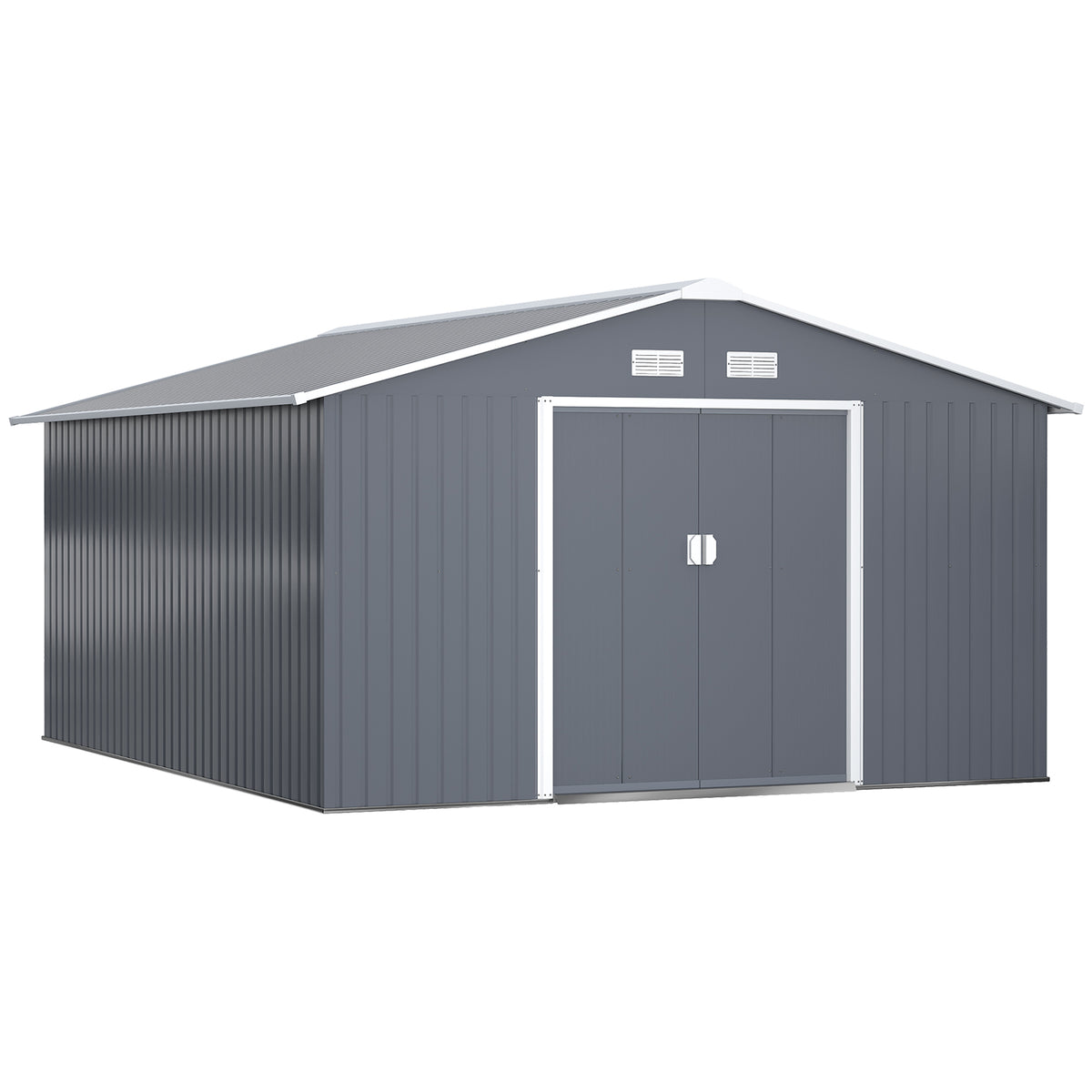 Outsunny grey metal garden shed with gable roof, ventilation slots and lockable double doors