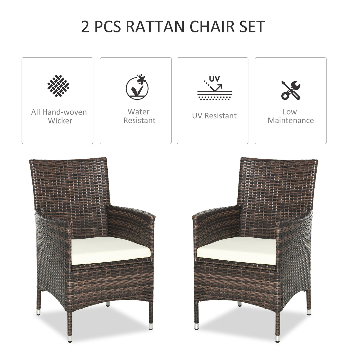 Pair of brown rattan armchairs with cream cushions and woven construction features