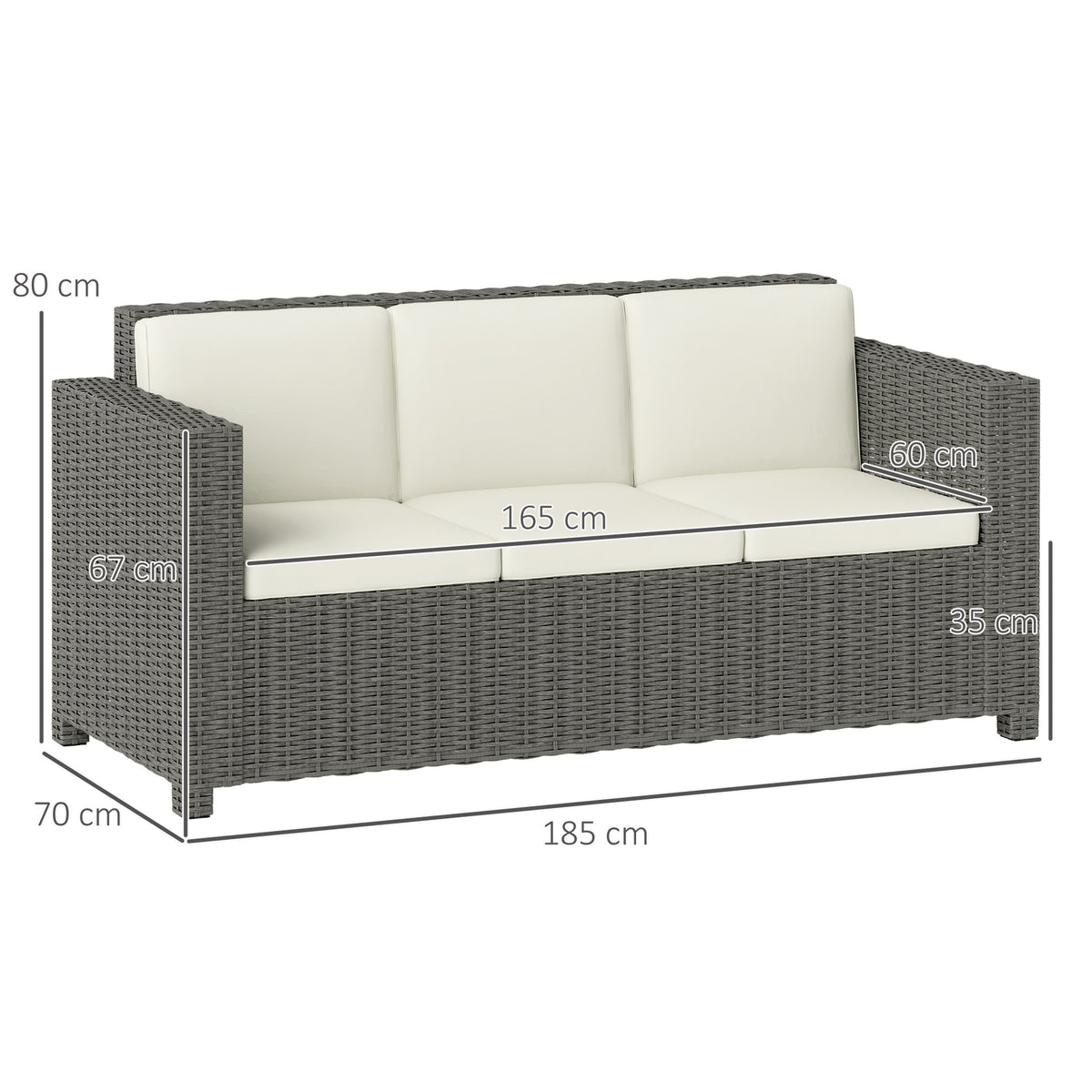 Three-seat rattan sofa with cream cushions and dimensions marked