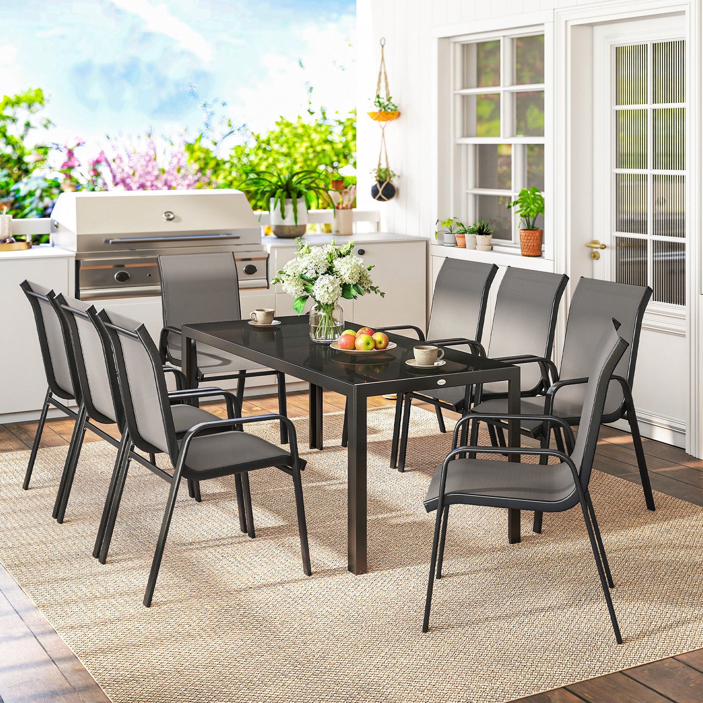 Outsunny 9 Pieces Garden Dining Set, Outdoor Table and Chairs Set for 8, Garden Furniture Set with Tempered Glass Top, Dark Grey