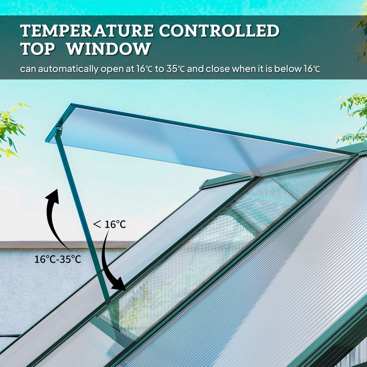 Greenhouse roof vent shown open with automatic temperature control
