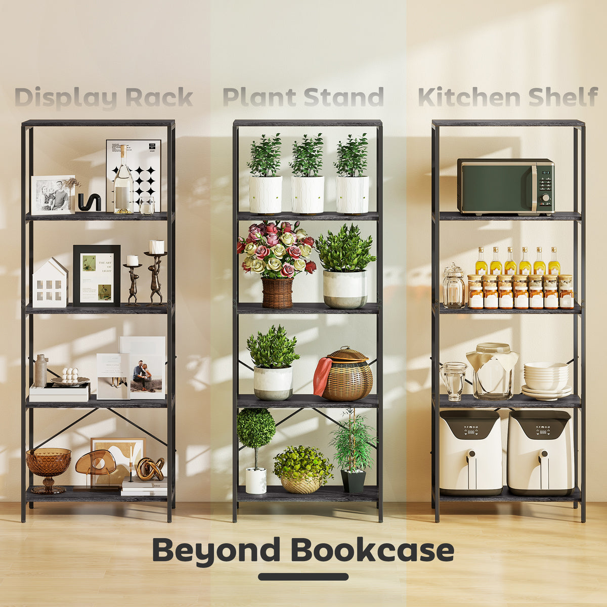 HOMCOM 5-Tier Bookshelf, Industrial Bookcase with Metal Frame - Dark Grey and Black