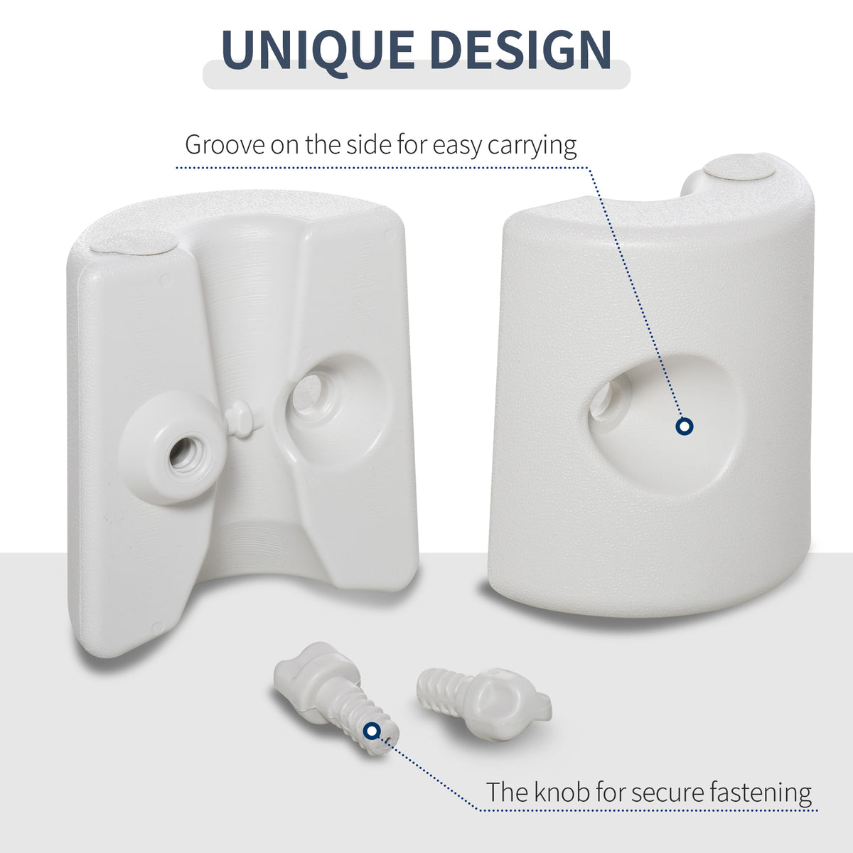 White gazebo leg weight shown open and closed, with removable fastening knobs