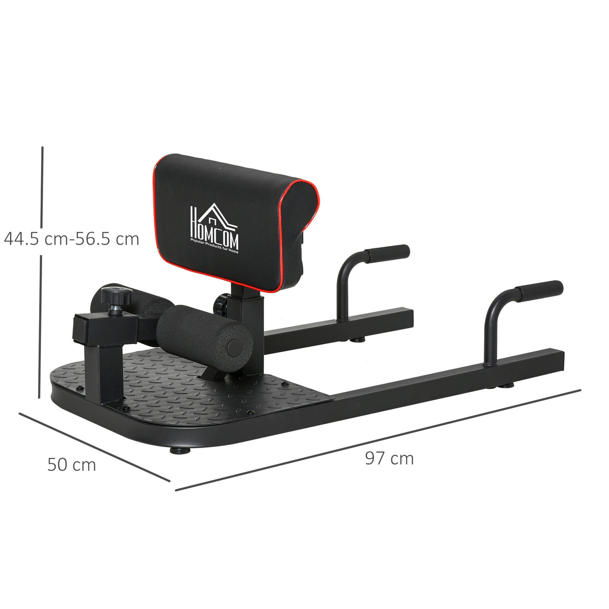 HOMCOM squat machine with padded backrest and foot handles; dimensions shown as 97 by 50 cm