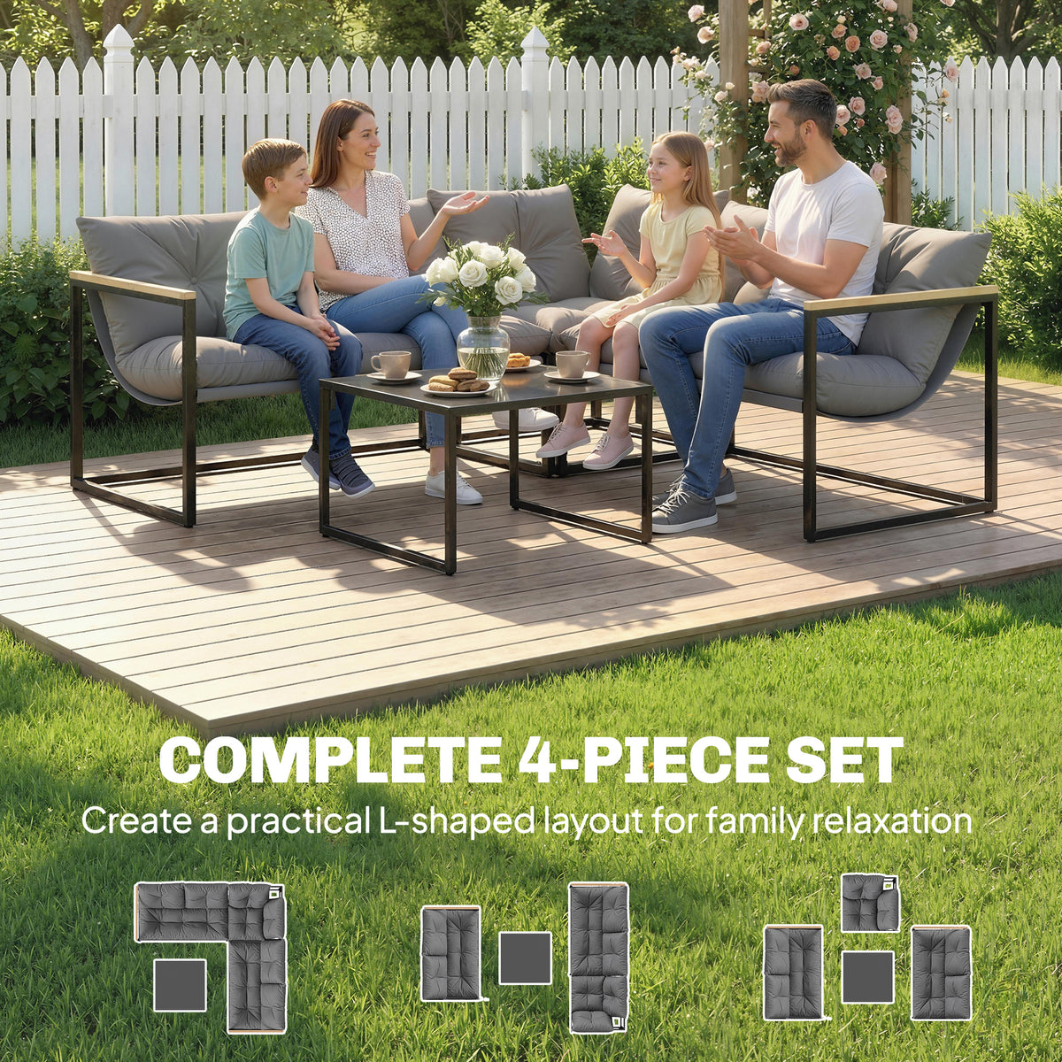 Outsunny 4 Piece Garden Furniture Set with Thick Cushions and Coffee Table, Patio Conversation Set for Porch, Balcony, Deck, Grey