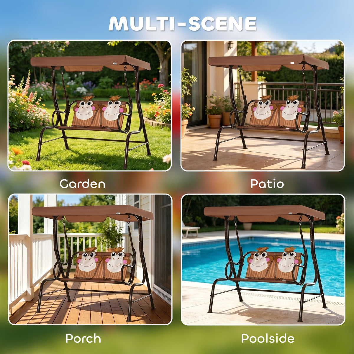 Outsunny 2 Seater Kids Garden Swing Seat, Children Outdoor Patio Lounge Chair for Gardens w/ Adjustable Awning, Seatbelt, Monkey Pattern - Brown