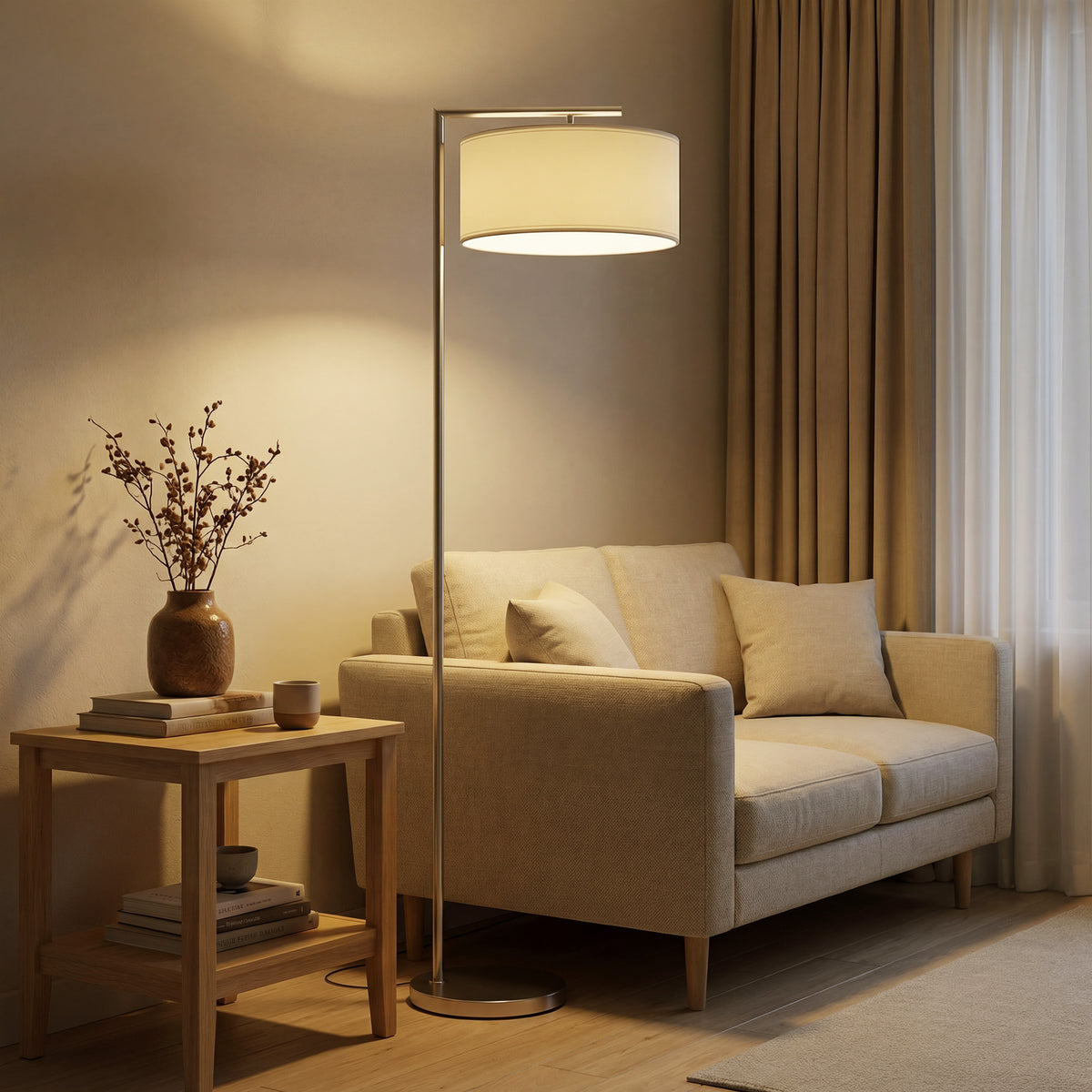 HOMCOM Floor Lamp, Modern Standing Lamp with Linen Lampshade, Round Base for Living Room, Bedroom, Dining Room, 153cm, Silver Tone