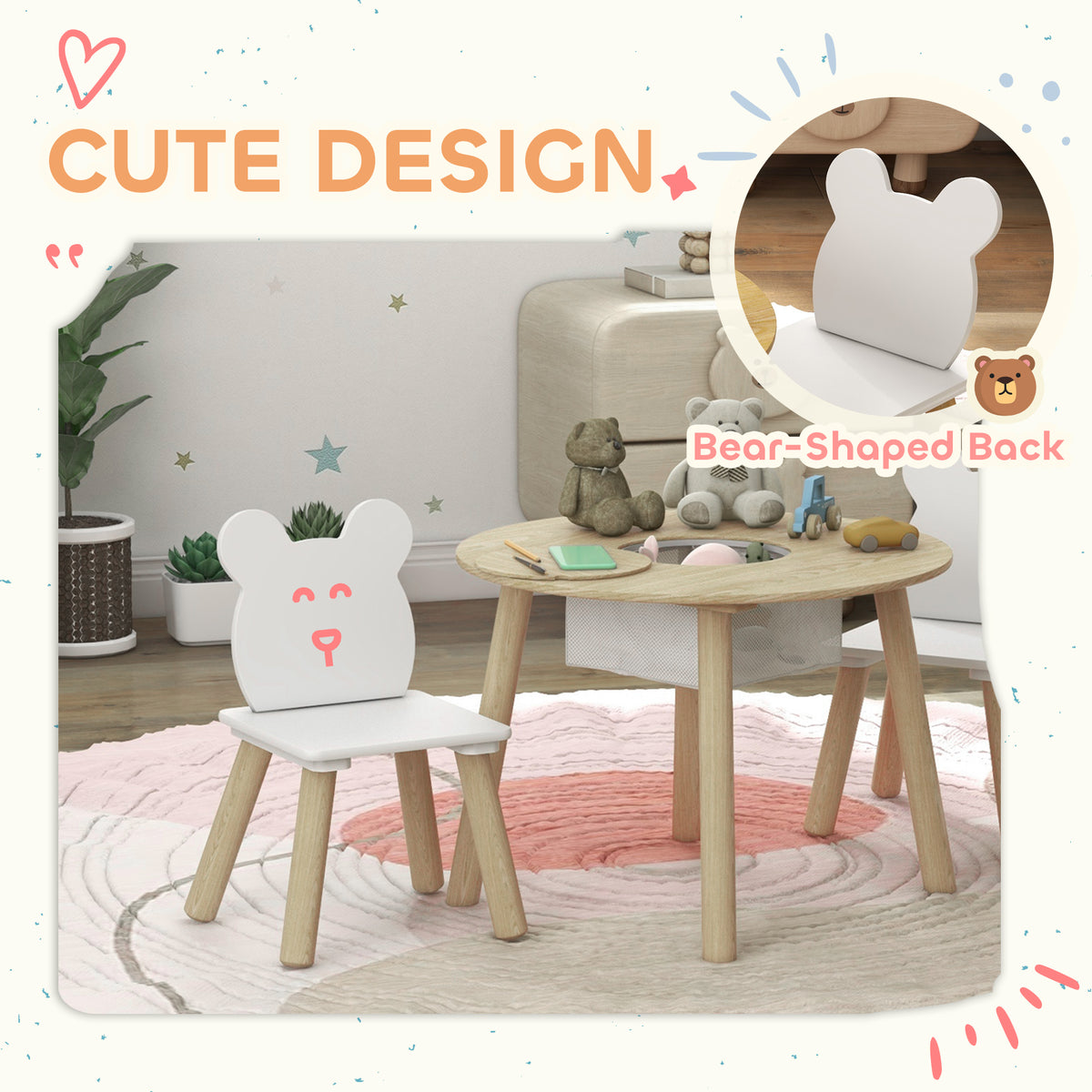 AIYAPLAY 3-Piece Kids Activity Table Set with Centre Mesh Bag, Bear-Shaped Backrest, for Arts and Crafts, Reading, Dining