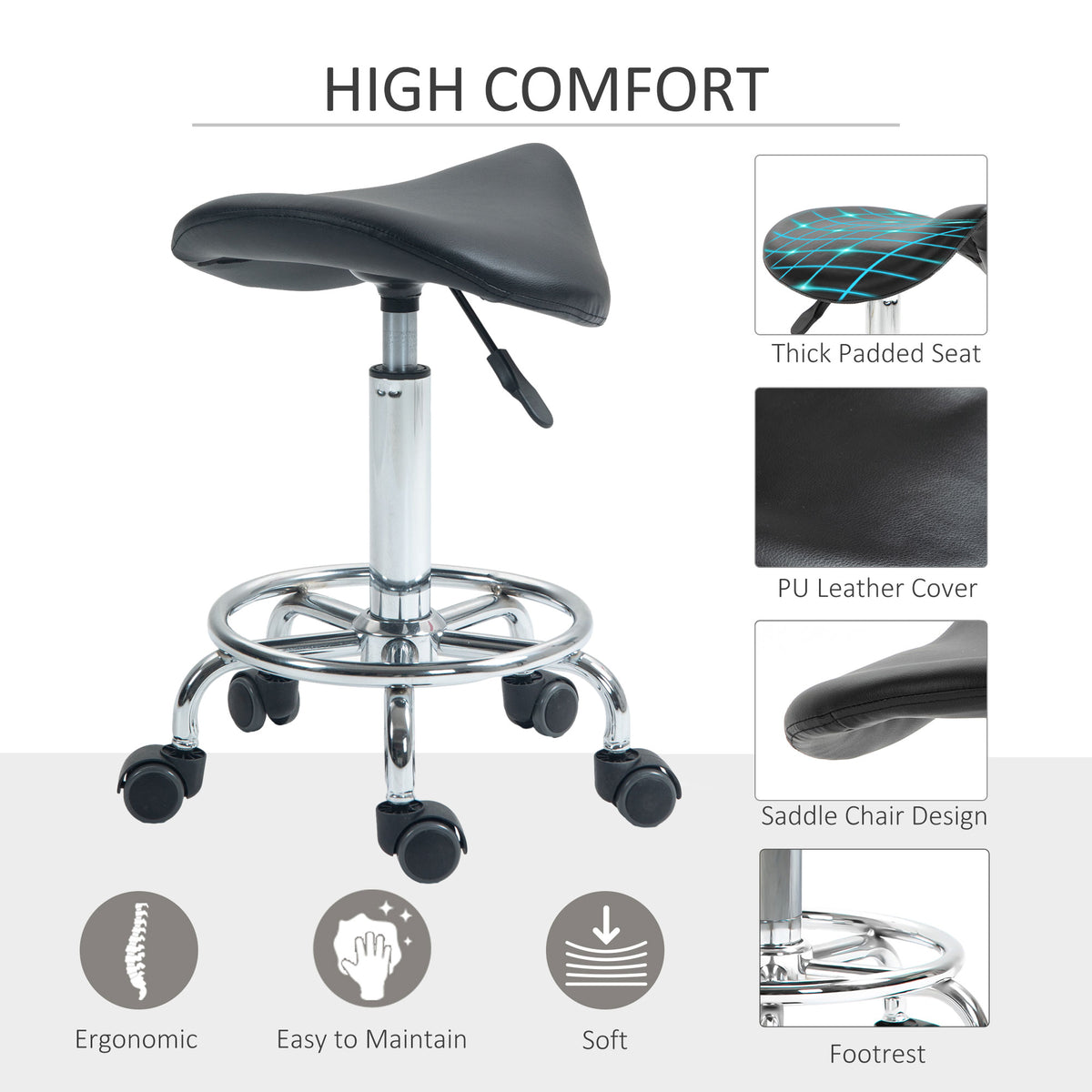 HOMCOM black saddle stool with padded PU leather seat, chrome footrest and five casters
