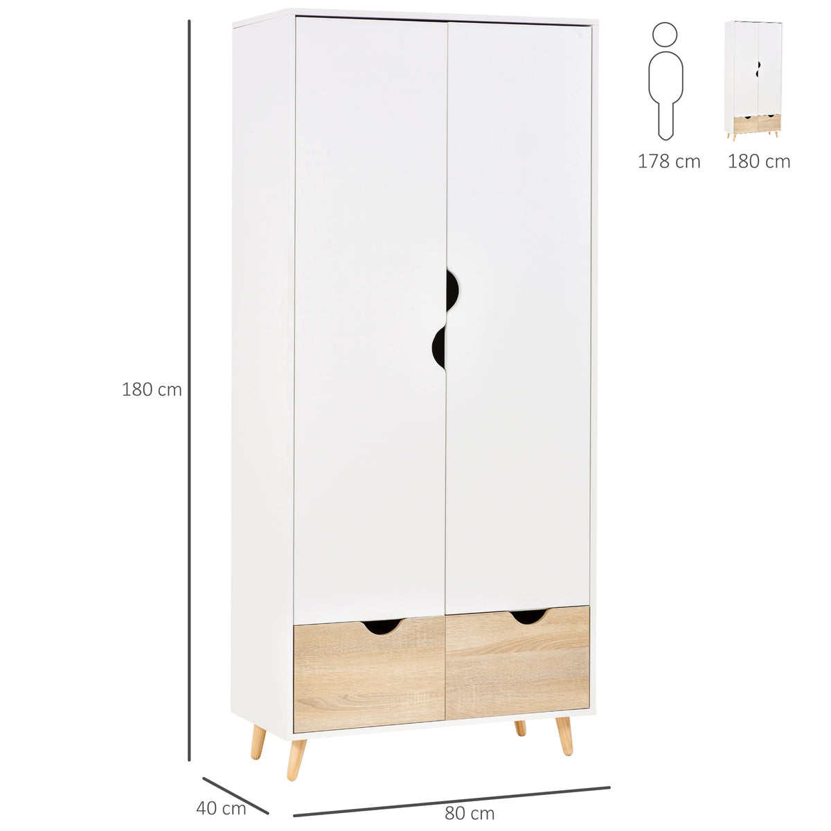 White two-door wardrobe with two wood-effect drawers and tapered feet, shown with dimensions.