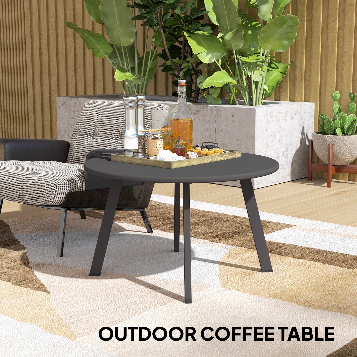 Outsunny 70cm Round Coffee Table, Outdoor Garden Table with Non-Slip Foot Pads and Metal Frame for Garden, Terrace, Balcony, Living Room, Charcoal Grey