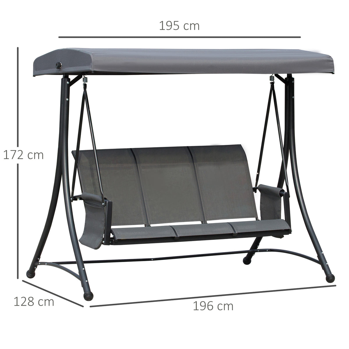 Outsunny three-seat patio swing with canopy, shown with overall dimensions