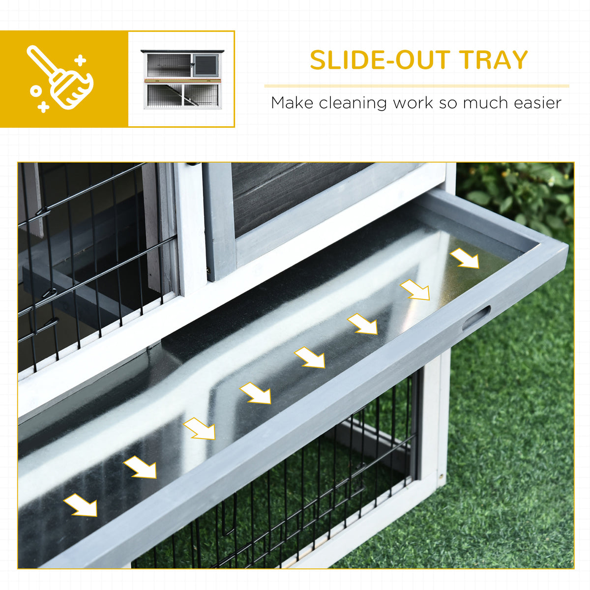 PawHut rabbit hutch close-up of the slide-out cleaning tray