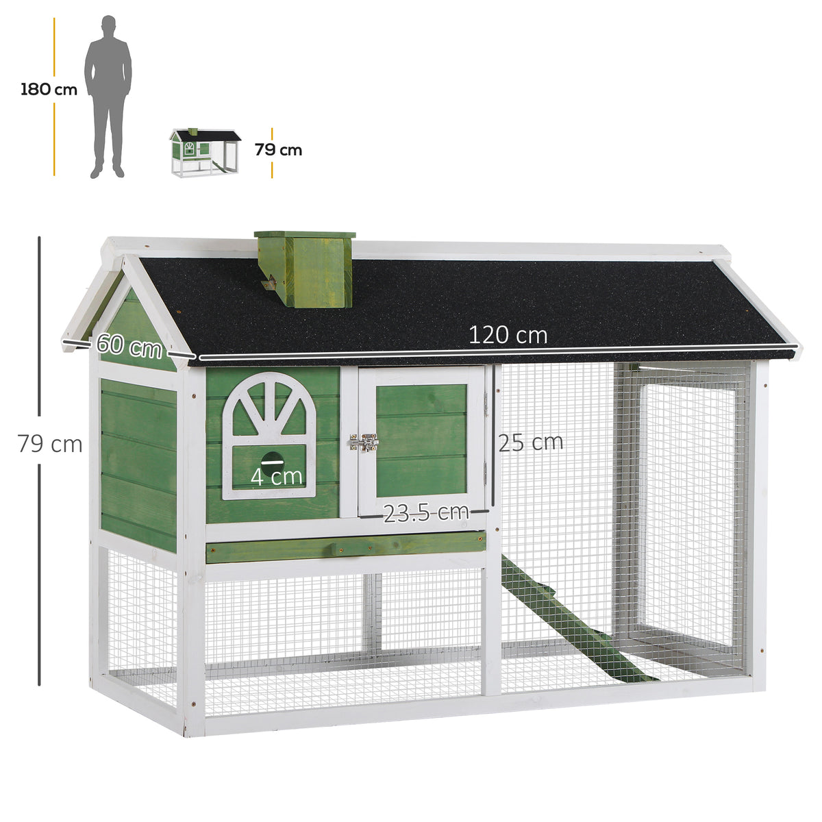 Green and white wooden rabbit hutch with wire run, ramp, and sloped roof; dimensions shown.