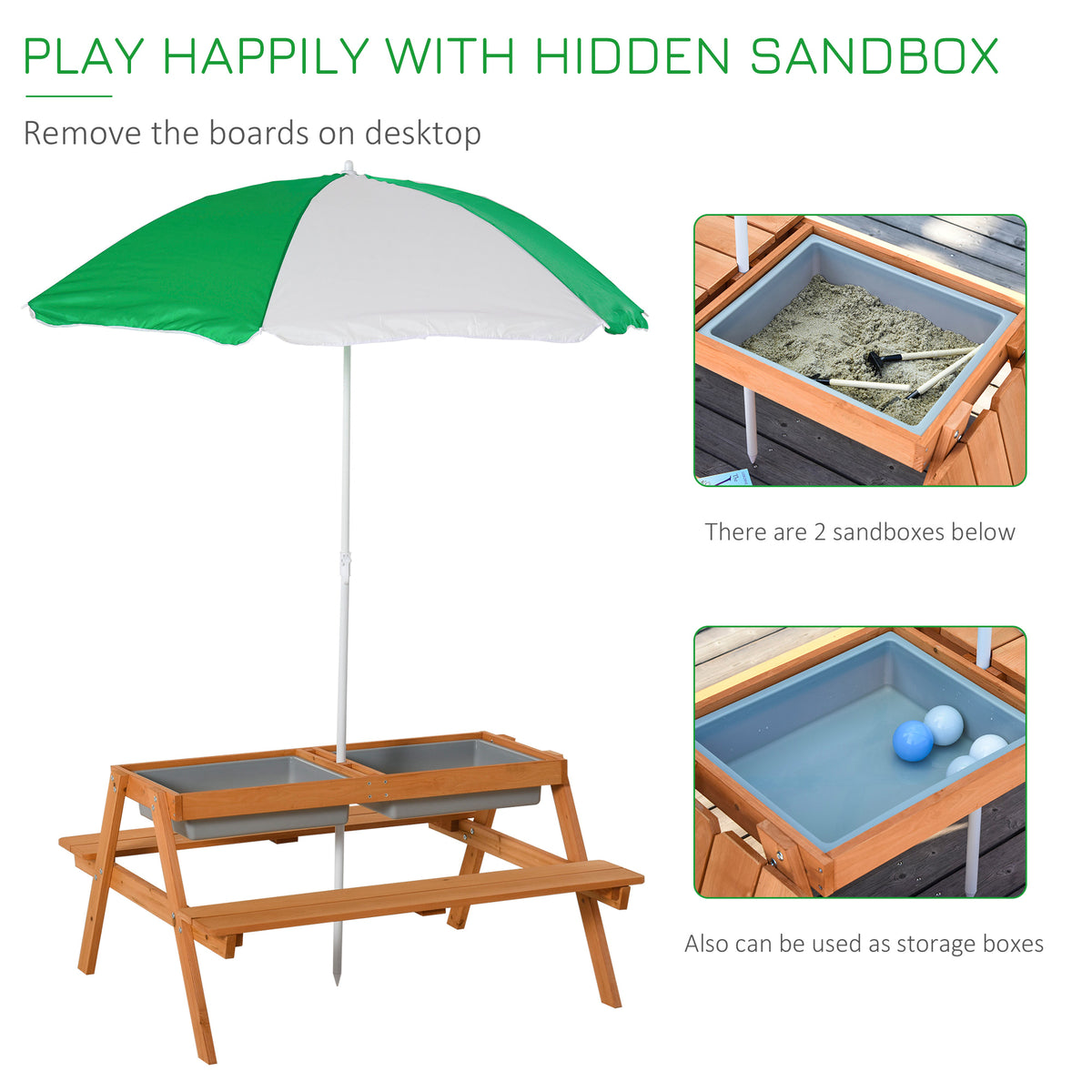Outsunny wooden picnic table with two removable bins for sand or storage