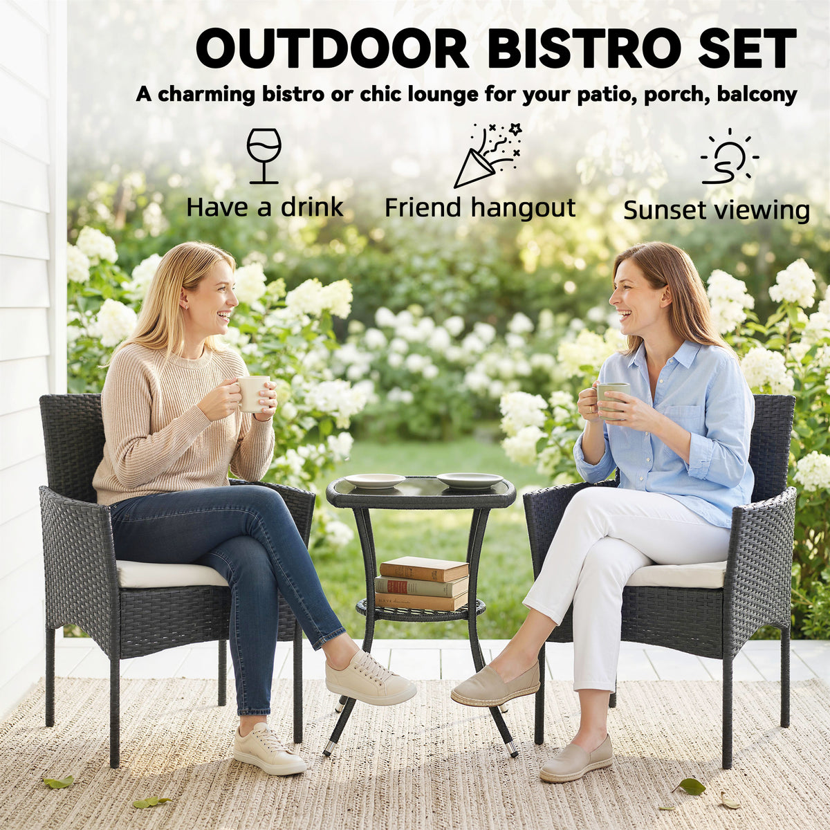 Outsunny 3 Piece Rattan Bistro Set, PE Wicker Garden Furniture Conversation Set with 2 Tier Glass-Top Table, Chairs, Cream White