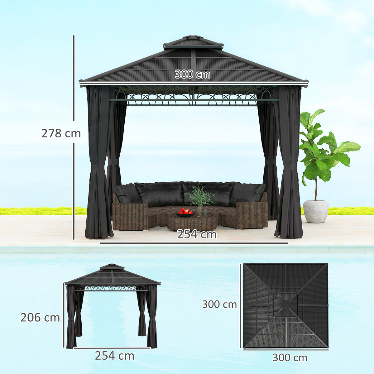 Dark grey square hard-top gazebo with dimensions marked on front and top views.