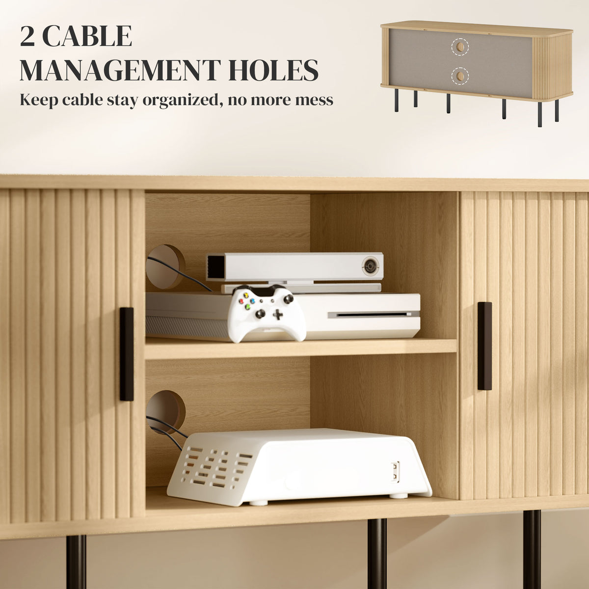 Close-up of oak-tone TV stand shelves, cable holes and slatted cupboard doors